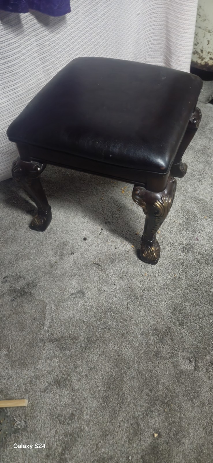 Ornate Wood Piano Bench Black Leather Seat with Storage Compartment