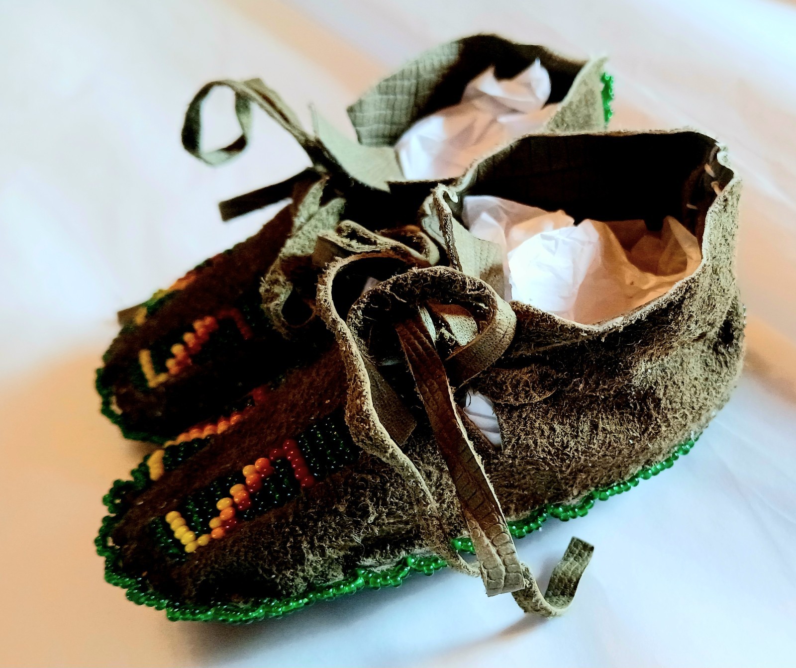 Vintage New Kiowa Green Beaded Baby Moccasins by Maureen Zotigh