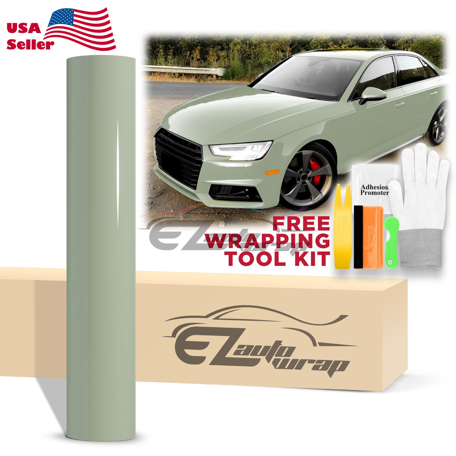 High Gloss Light Khaki Green Car Vinyl Wrap Sticker Decal Sheet Film Air Release