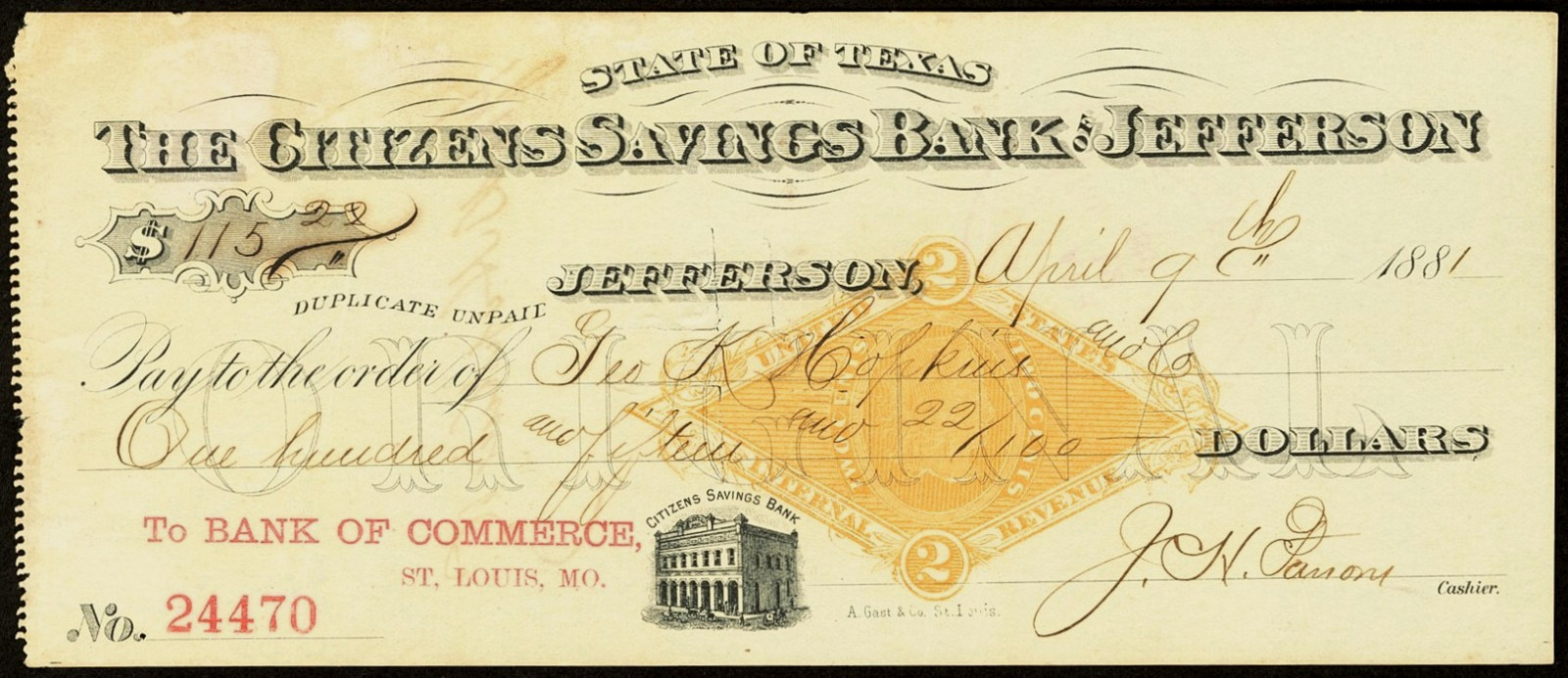 TX $115 JEFFERSON Texas The Citizens Saving Bank April 9th, 1881 bank check