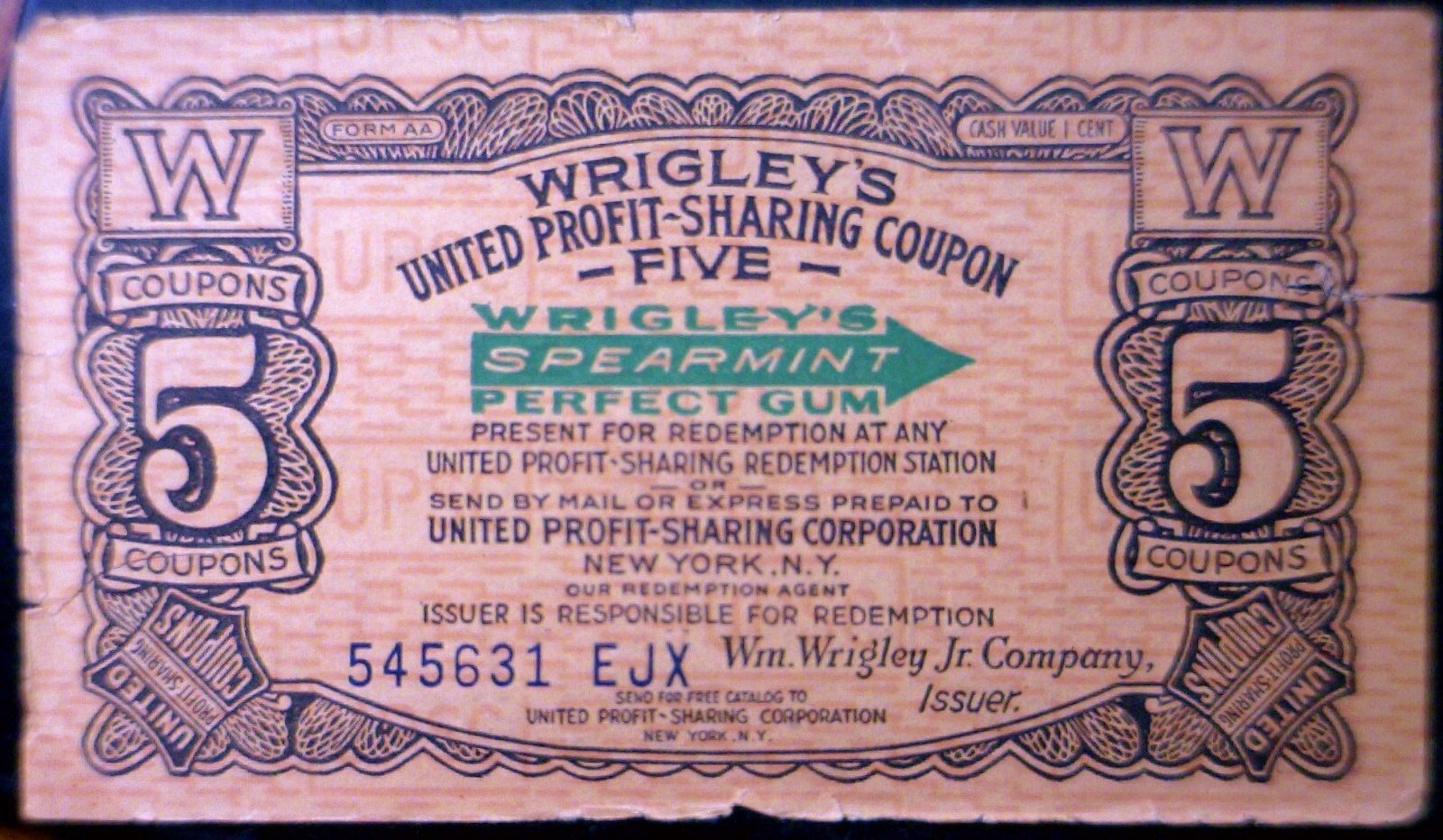 1930 's 5 Cent FRACTIONAL Note Wrigley's Chewing Gum New York Currency FREE SHIP