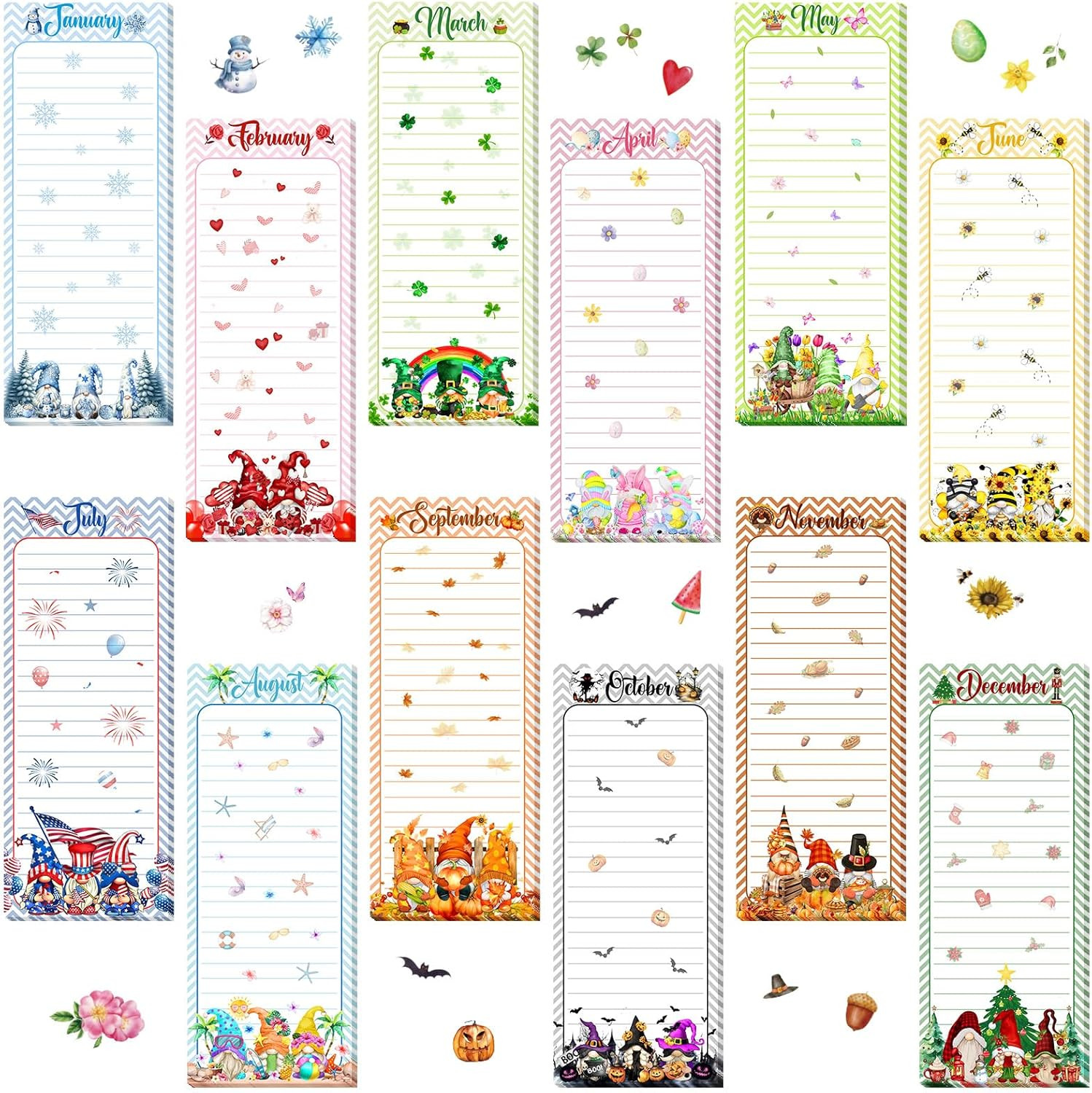 12 Pcs Seasonal Holiday Magnetic Notepads for Refrigerator Gnome Monthly Magneti