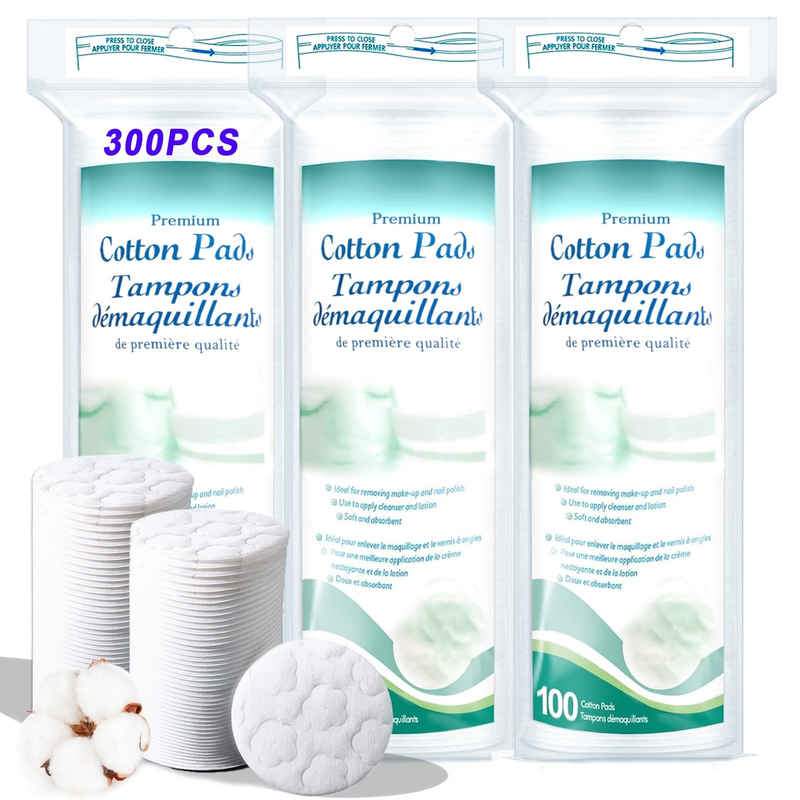 Premium Cotton Rounds for Face, 300 Count Makeup Remover Pads,100% Pure & Nat...