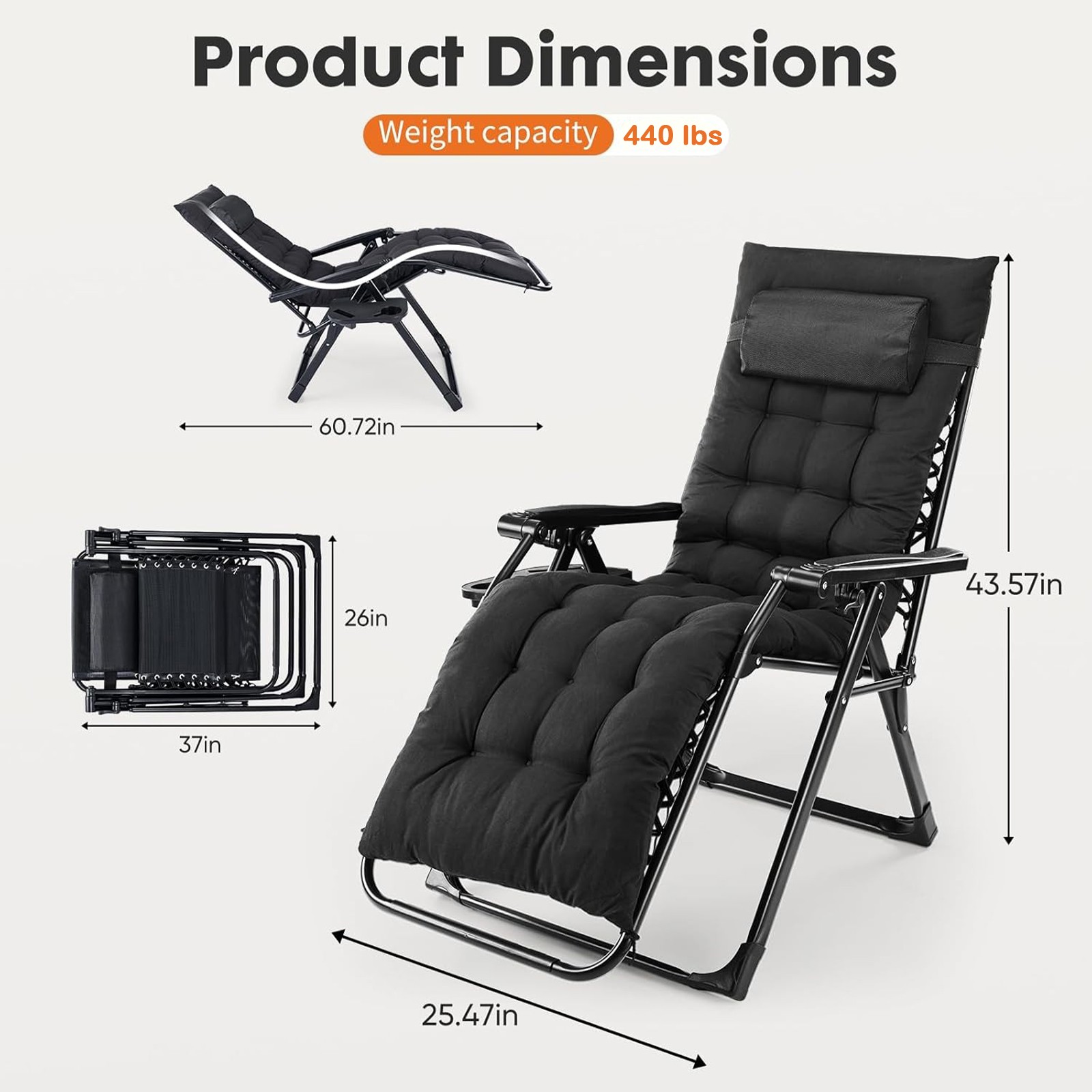 Zero Gravity Chair Outdoor Lounge Chair w/ Removable Cushion&Cup Holder&Headrest