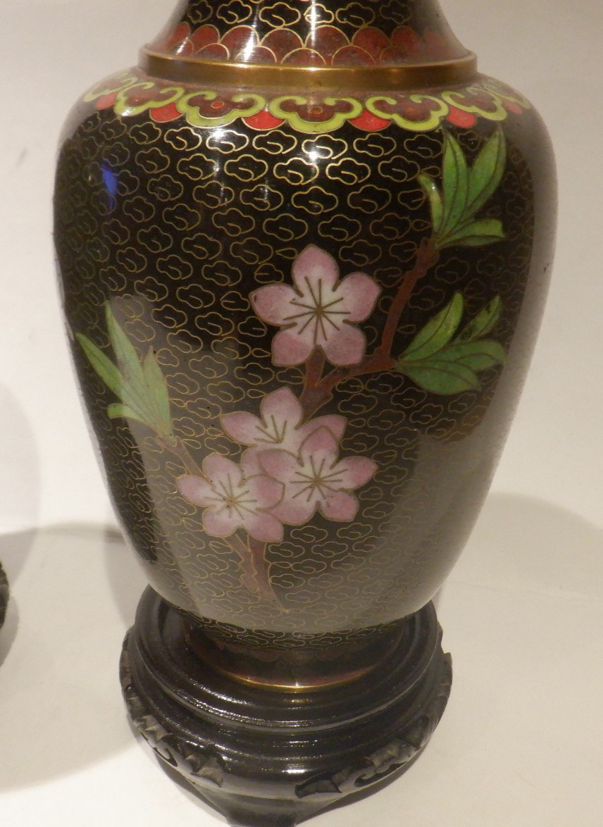 Pair of Vintage Cloisonne' Brass & Enamel Chinese Floral Vases w/Wood Stands