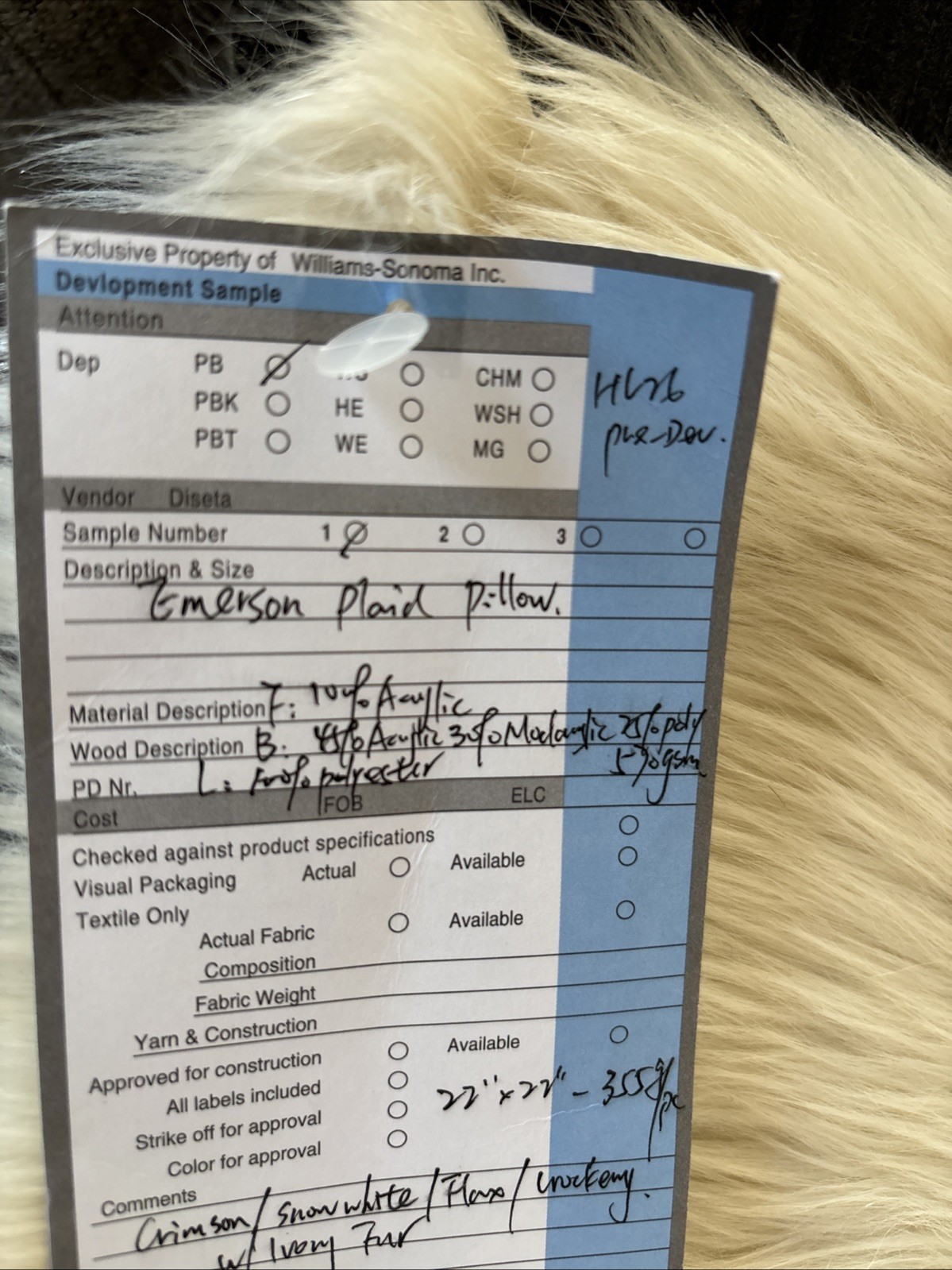 NEW Pottery Barn Emerson Plaid Faux Fur Back pillow Cover 22" sq Sample * Read