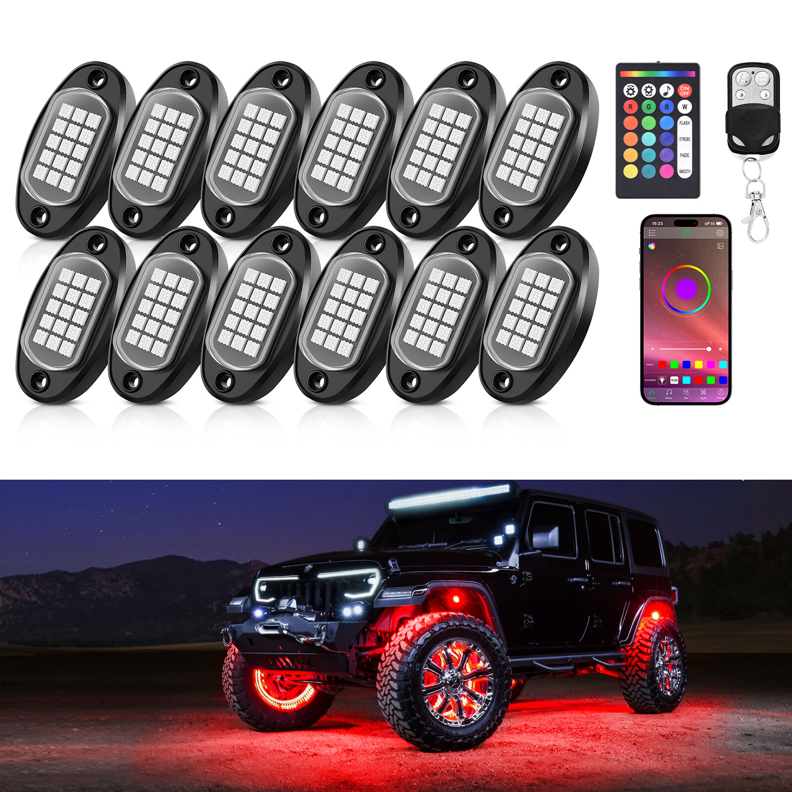 12 Pods RGB LED Rock Lights, 3 Control Way Bluetooth Remote & Fob Underbody Lamp