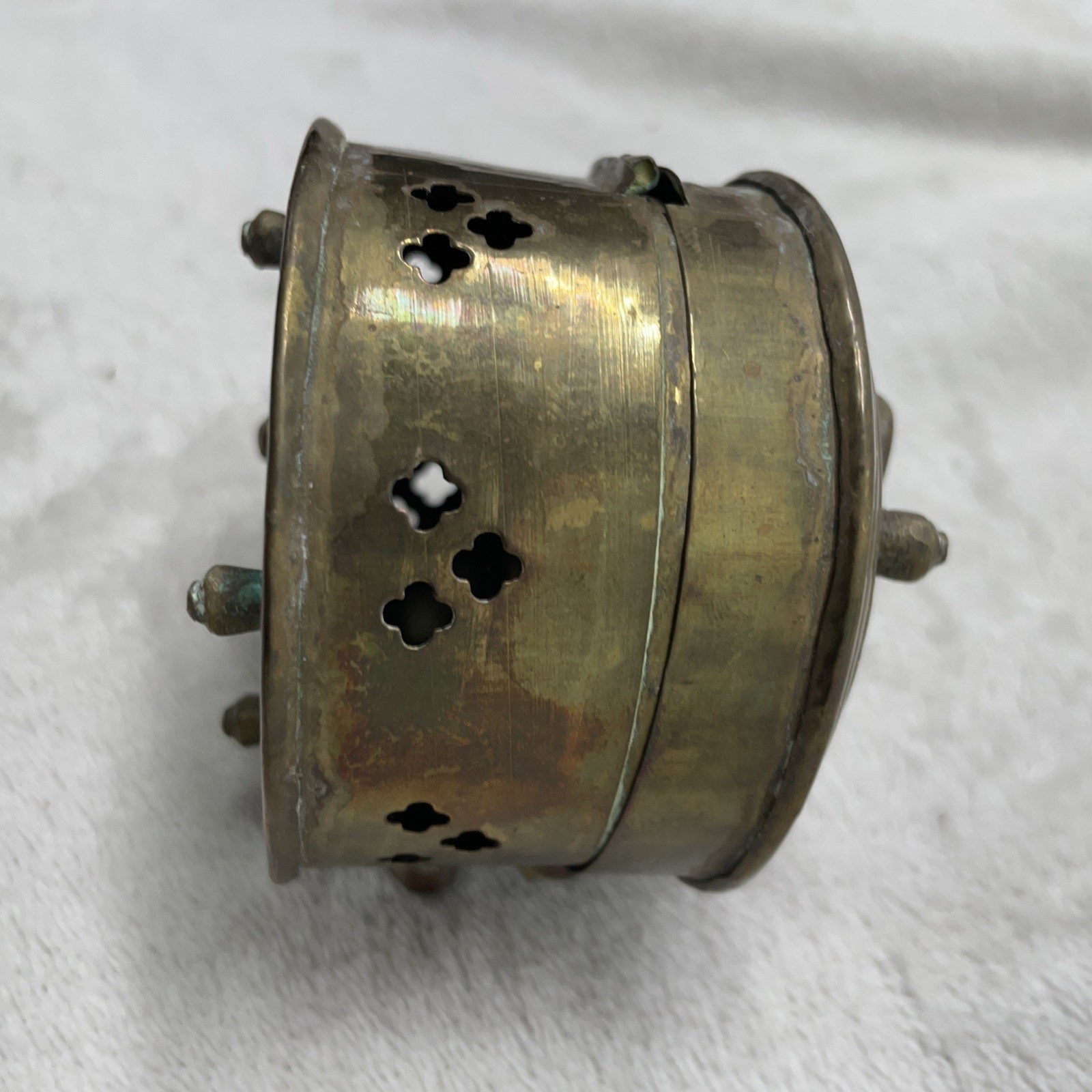 Vintage Brass Cricket Box Patina Footed Pierced Hinged Lid Handle Trinket Asian