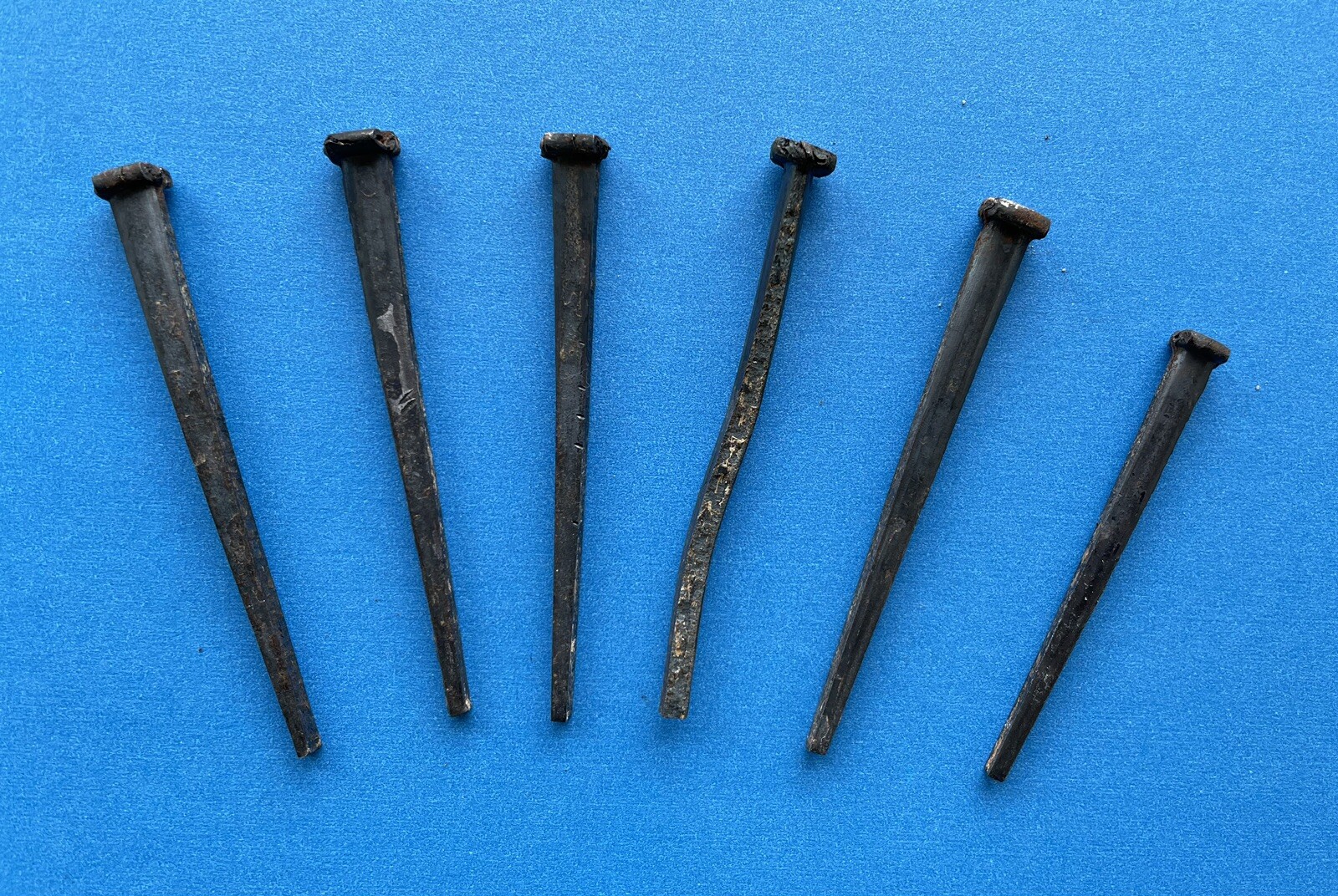 Lot Of 5 Iron Hand Cut 3” Square Head Nails Used Rusty Vintage (plus One 2.5”)