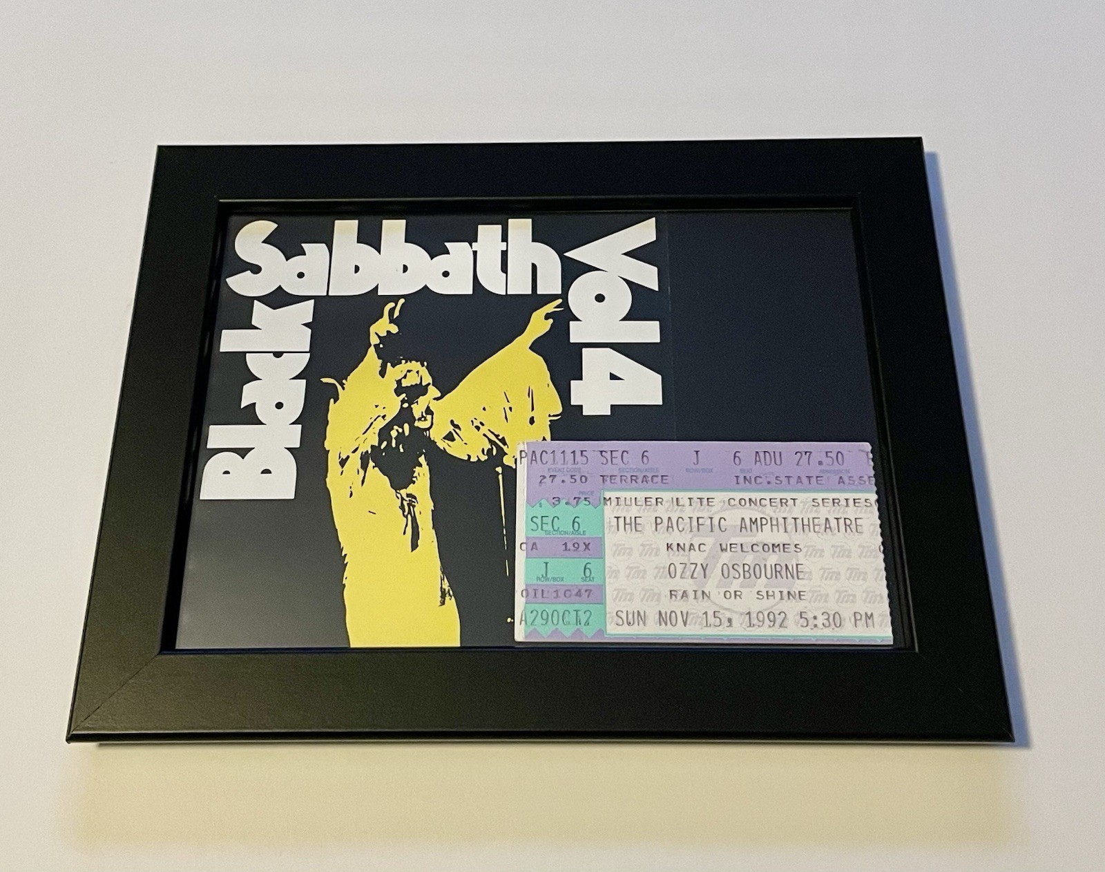 Framed 1992 Ozzy Osbourne Concert Ticket Stub So. Cal Black Sabbath Album Cover