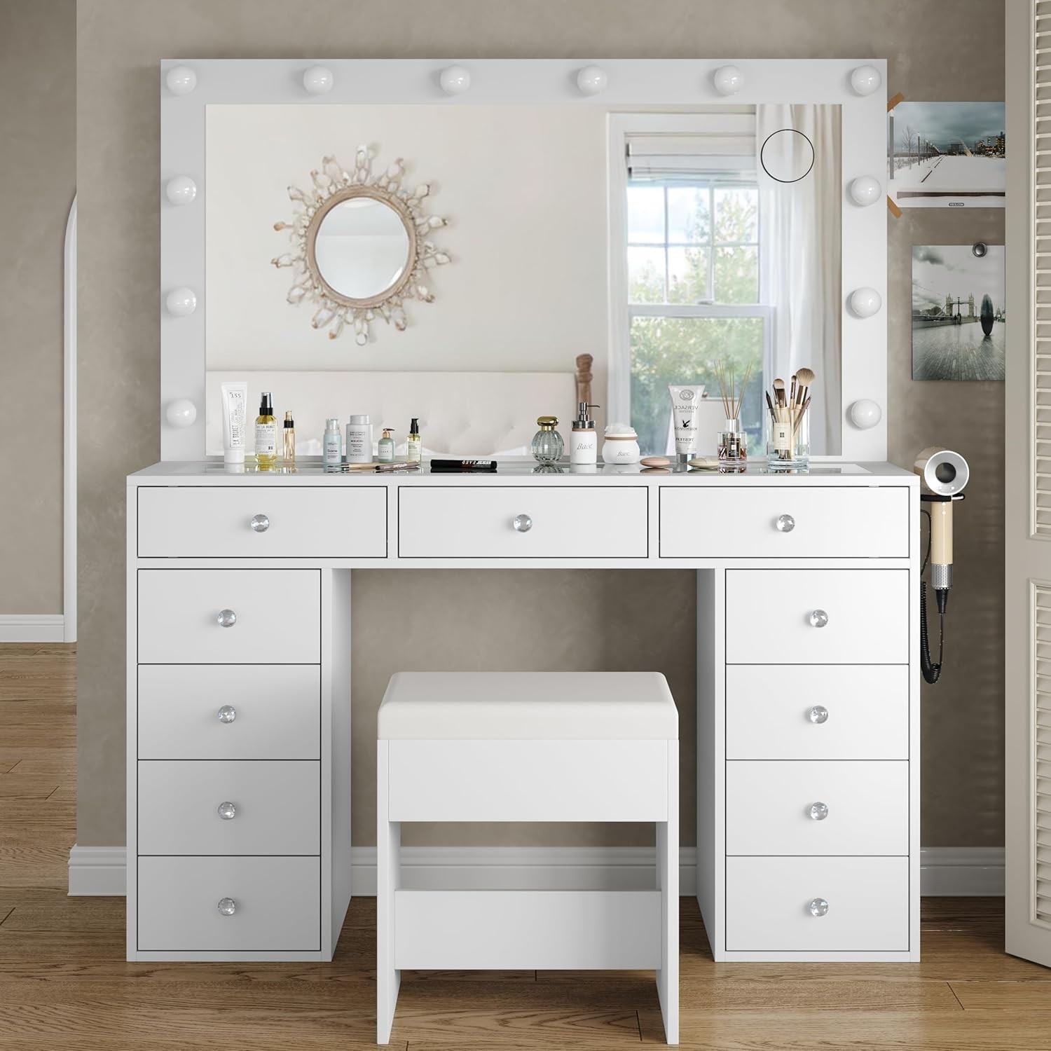 Vanity Desk with Mirror, Makeup Vanity 11 Drawers & Chair, White, Christmas Gift