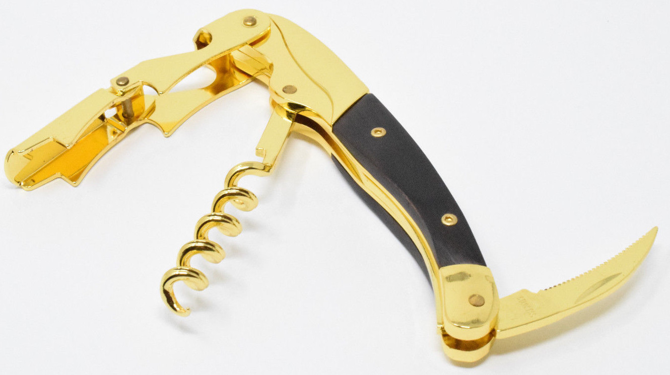 Gold Plated Black Wood Handle Corkscrew Double Hinge Waiters Wine Bottle Opener