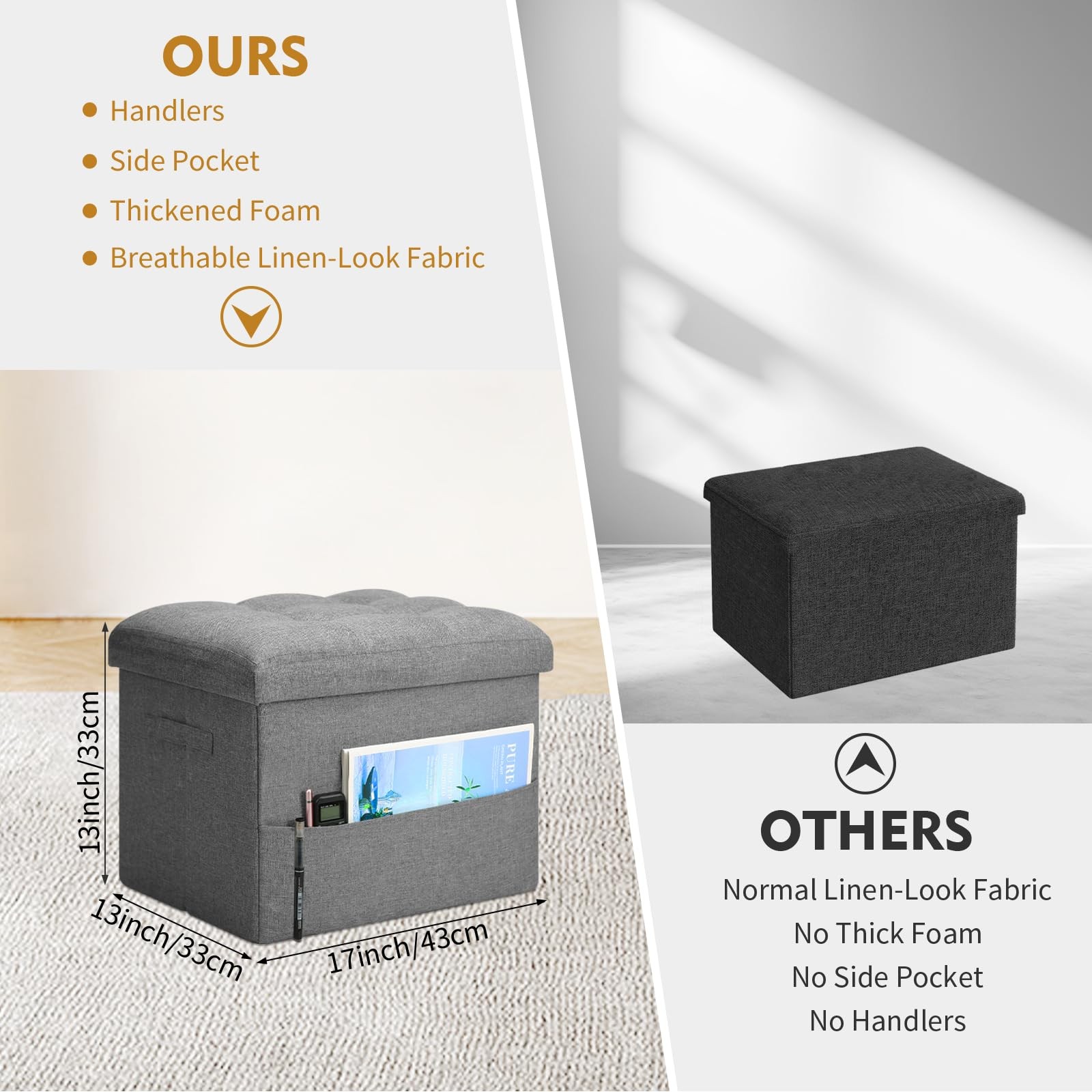 Storage Ottoman with Extra Thick Foam Padded Seat, Foldable Foot Rest Stool w...