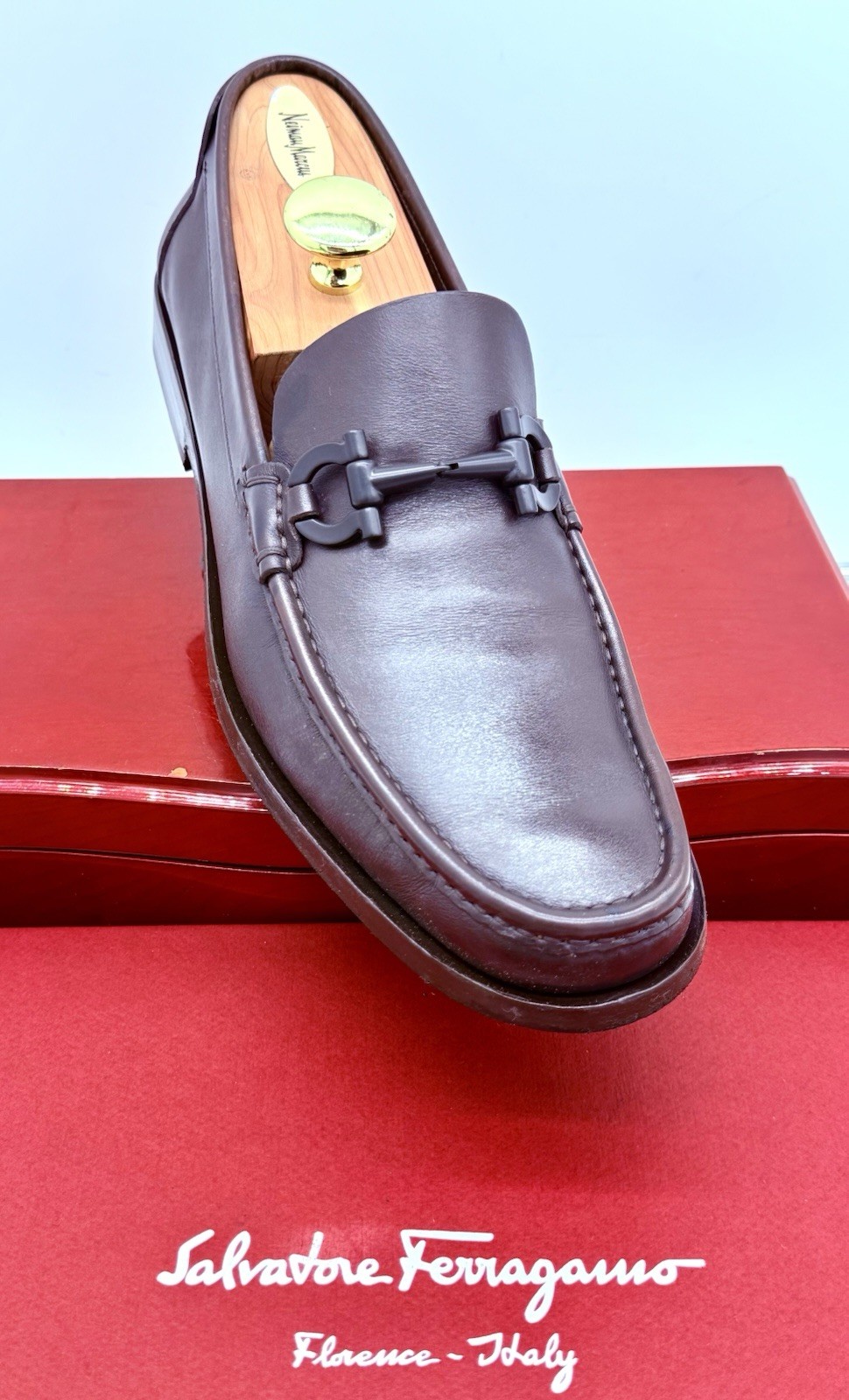 Ferragamo Mens Brown Loafers 10 Gancini Horse Bit Leather Luxe Shoes