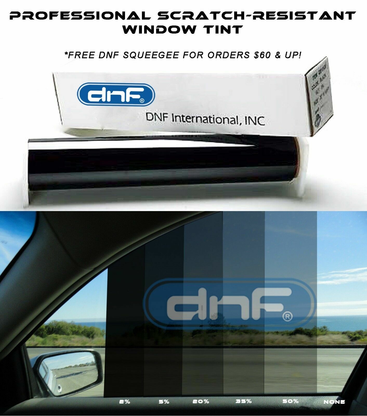 DNF WINDOW PRO TINT FILM 1 PLY BLACK + FREE SQUEEGEE (PICK YOUR VLT AND LENGTH!)