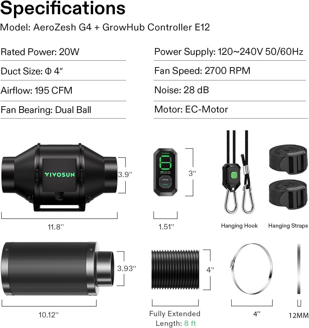 VIVOSUN AeroZesh G4 4'' 195 CFM Inline Duct Fan w/E12,Carbon Filter & 8' DuctinG