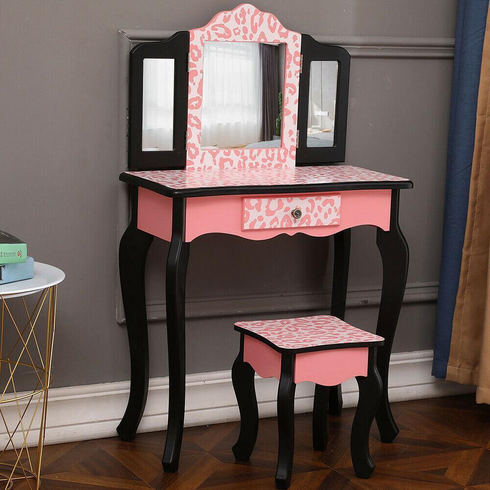 Kids Vanity Table Set Makeup Dressing Table Gifts For Girls Stool Mirror Pink