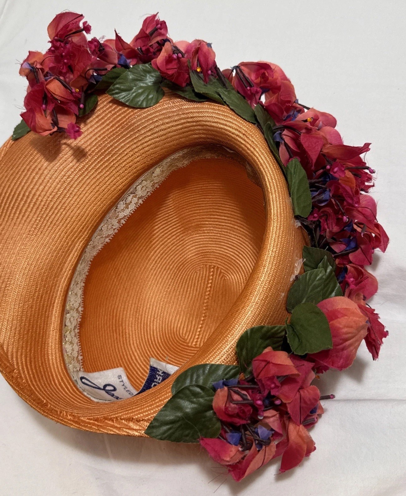 Vintage Jack McConnell Red Feather Edition Hat Floral Boho Derby Designer EUC