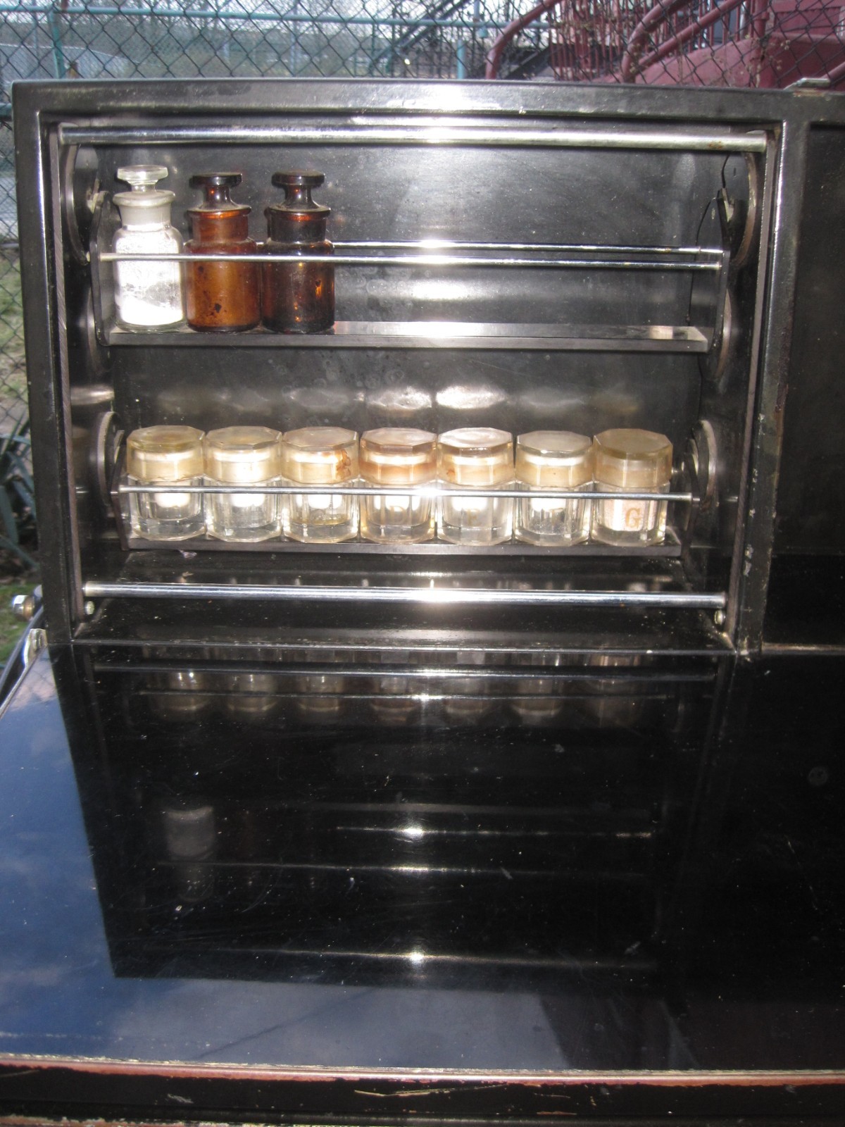 Antique Medical Podiatry Dental Metal Glass Cabinet w/ Bottles Electric Bosworth