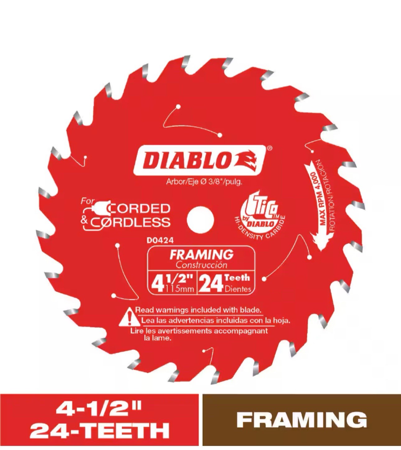 Brand New - Diablo D0424X 24 Tooth Carbide Framing Trim Saw Blade 4-1/2 Dia. in.