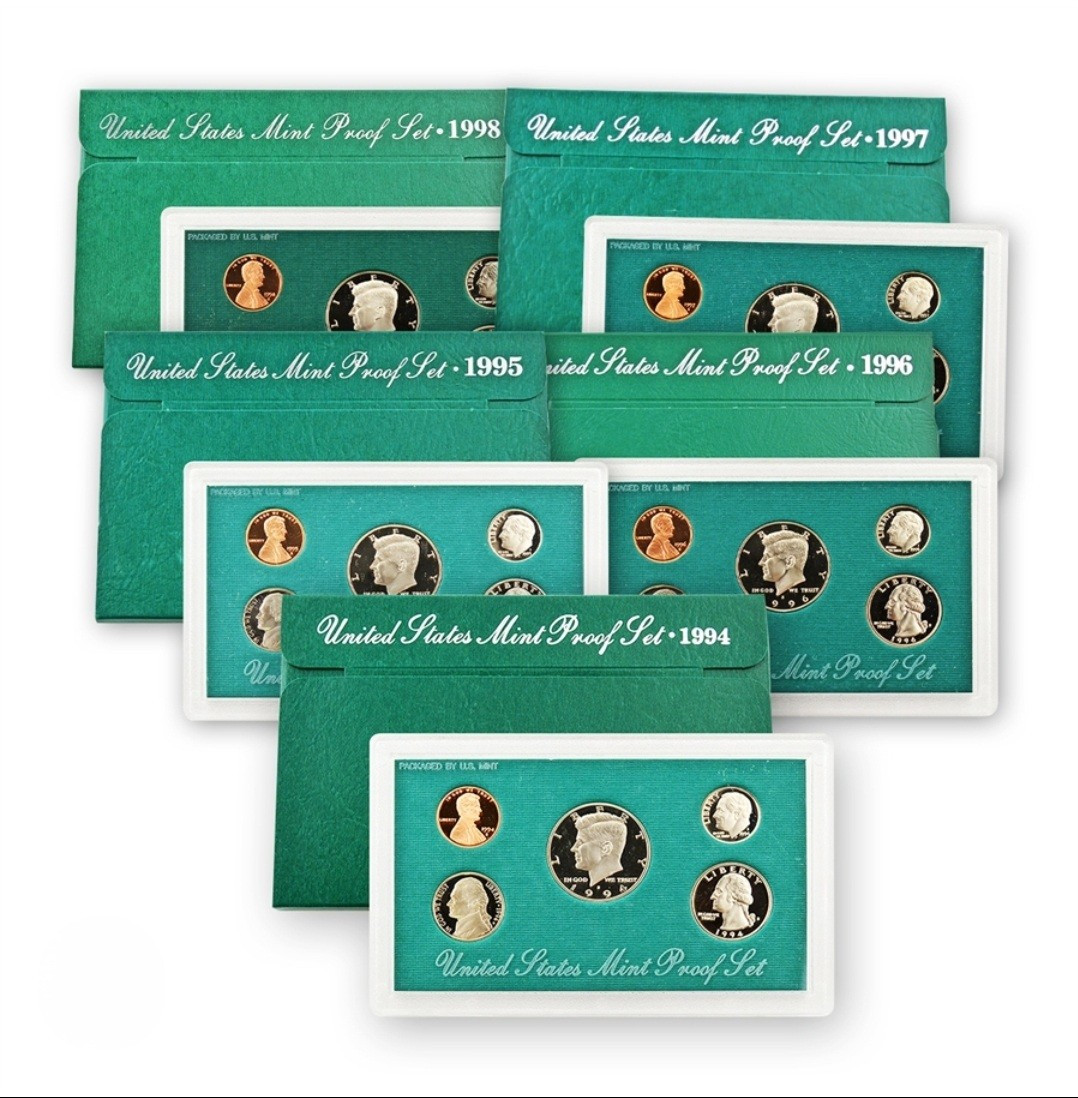 1994-1998 Proof Set Lot Green Boxes Nice Sets w/ COAs Uncirculated US Mint Coins