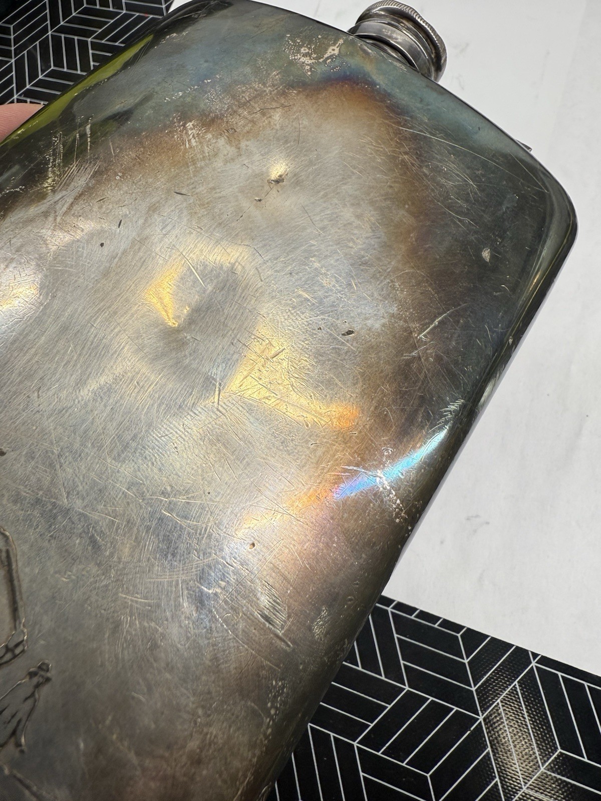 Dented / Damaged MERIDEN B SILVER PLATE Whiskey Flask - Golf Monogram