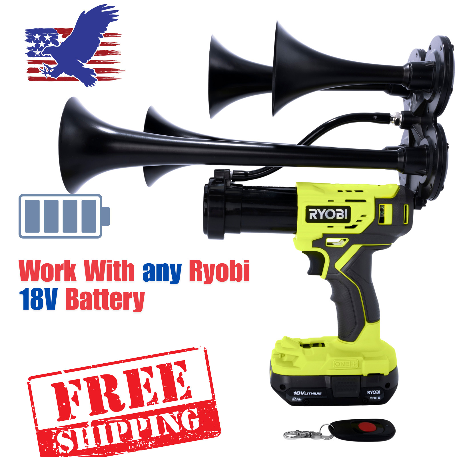 Premium Ryobi 18V Impact Drill Train Air Horn with Remote Control | Quad 4