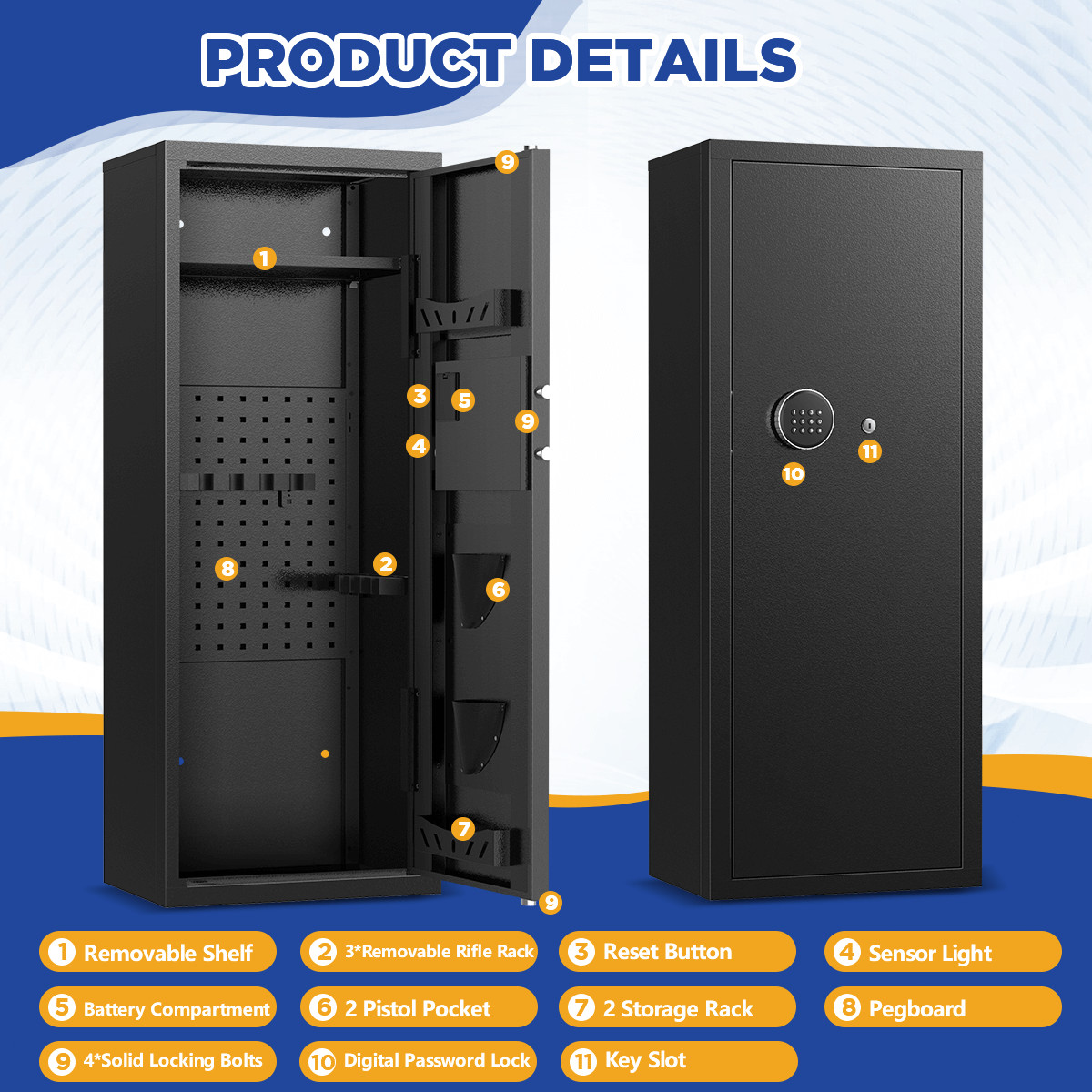 BESAFETY 12-15 Rifle Gun Cabinet for Home Steel Security Gun Safe with Alarm