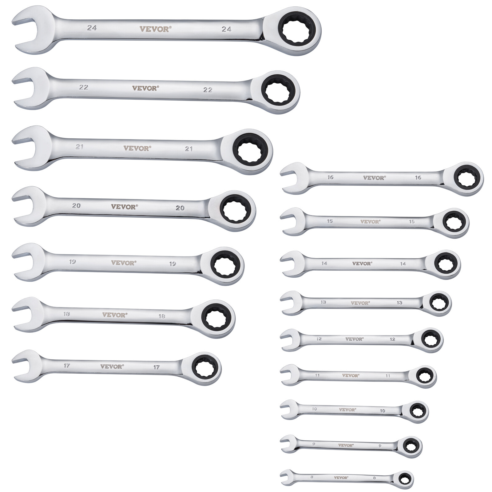 VEVOR Combination Wrench Set 16-Piece Metric 8 mm to 24 mm with Organizer Rack