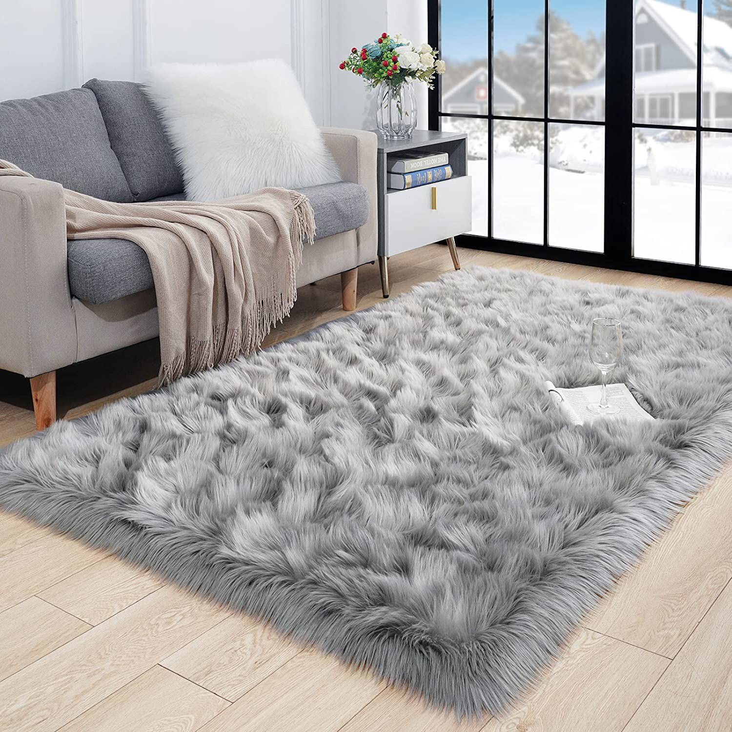 Faux Fur Sheepskin Area Rug Non-Skid Furry Carpet for Living Room in Many Colors