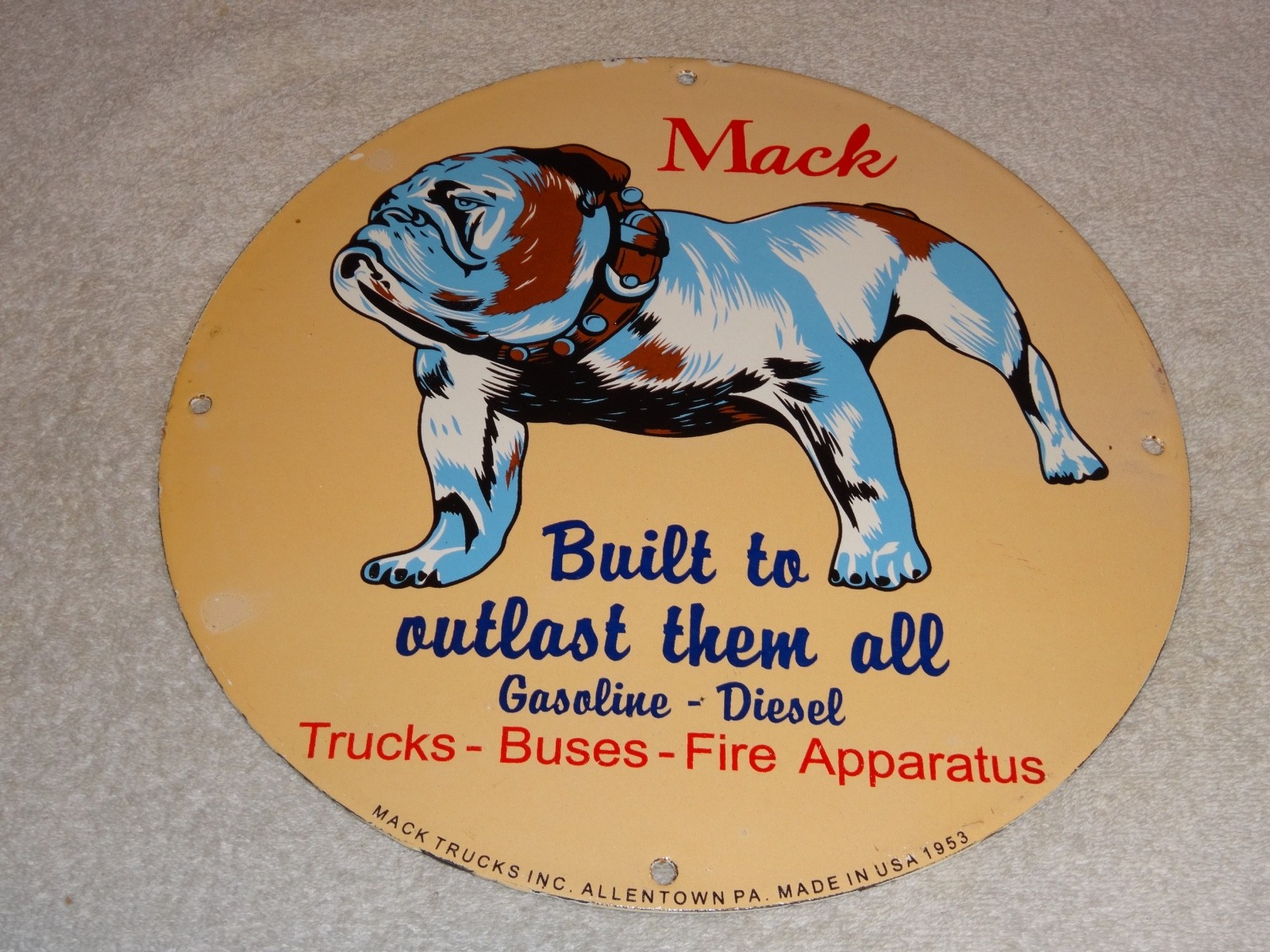 VINTAGE MACK🐶TRUCKS BUSES GASOLINE DIESEL 11 3/4" PORCELAIN METAL OIL DOG SIGN