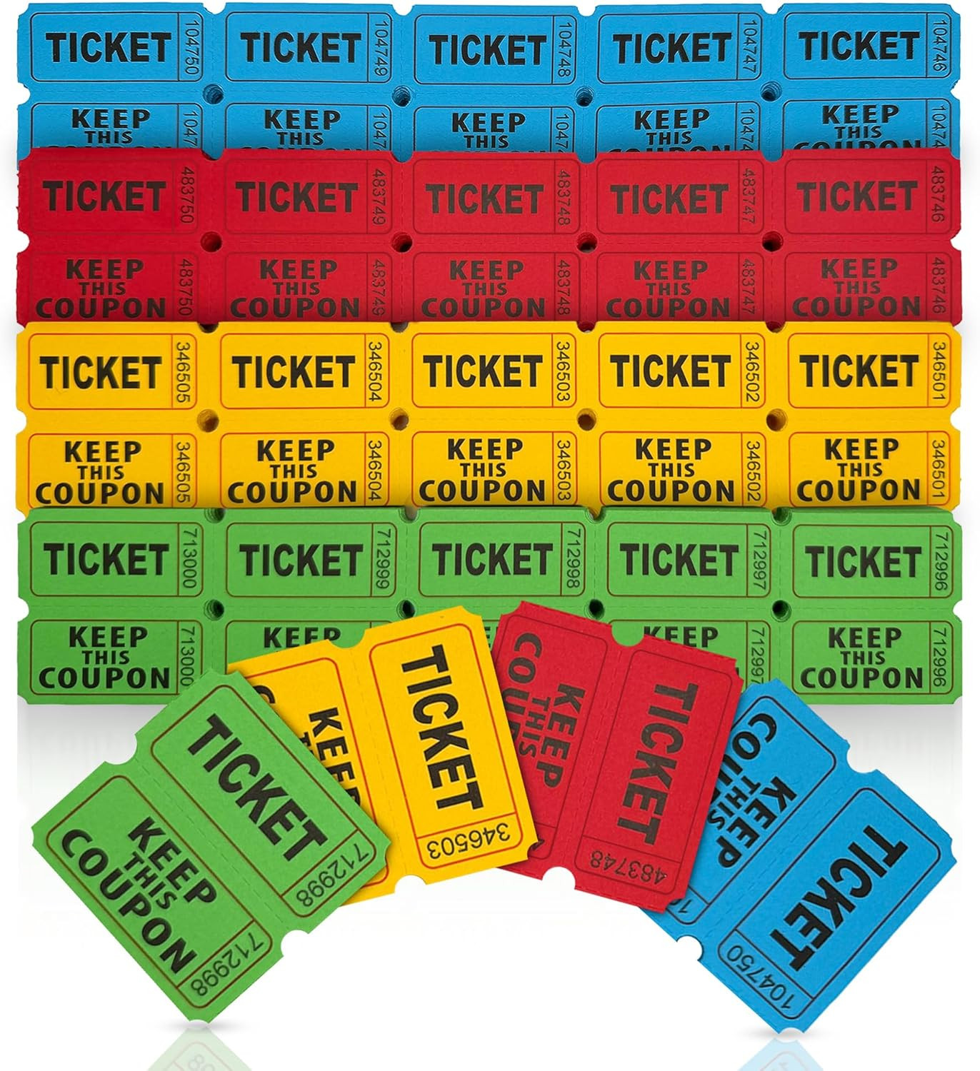 1000 Pairs (2000 Pcs) Raffle Tickets, 50/50 Double Raffle Tickets (Blue/Red/Gree