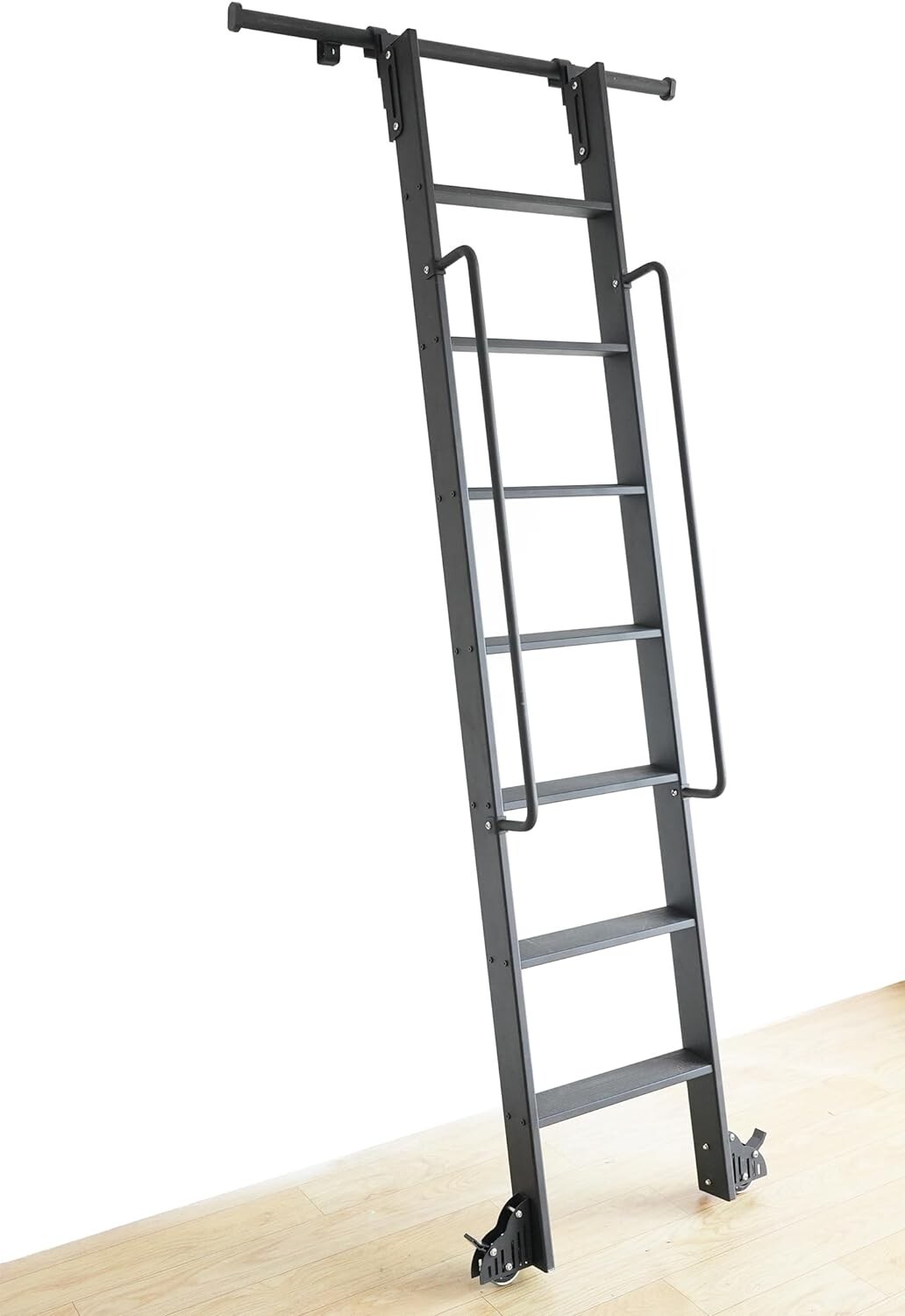 Hook On Rolling Library Ladder Track Kit with Metal Ladder with Grab Handle