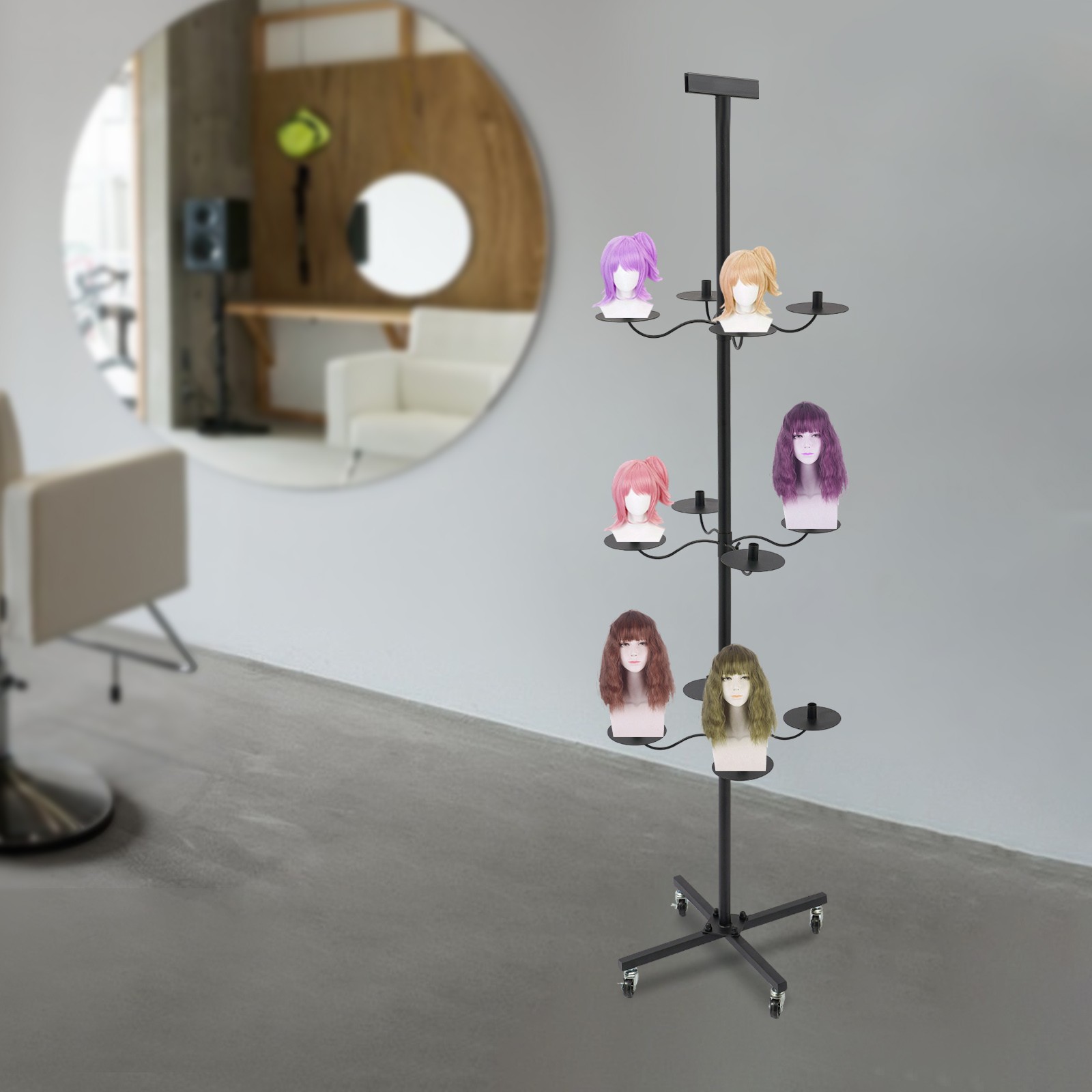 Wig Display&Storage Rack For 12-head Wig Stand W/wheel Styling Wig Storage Black