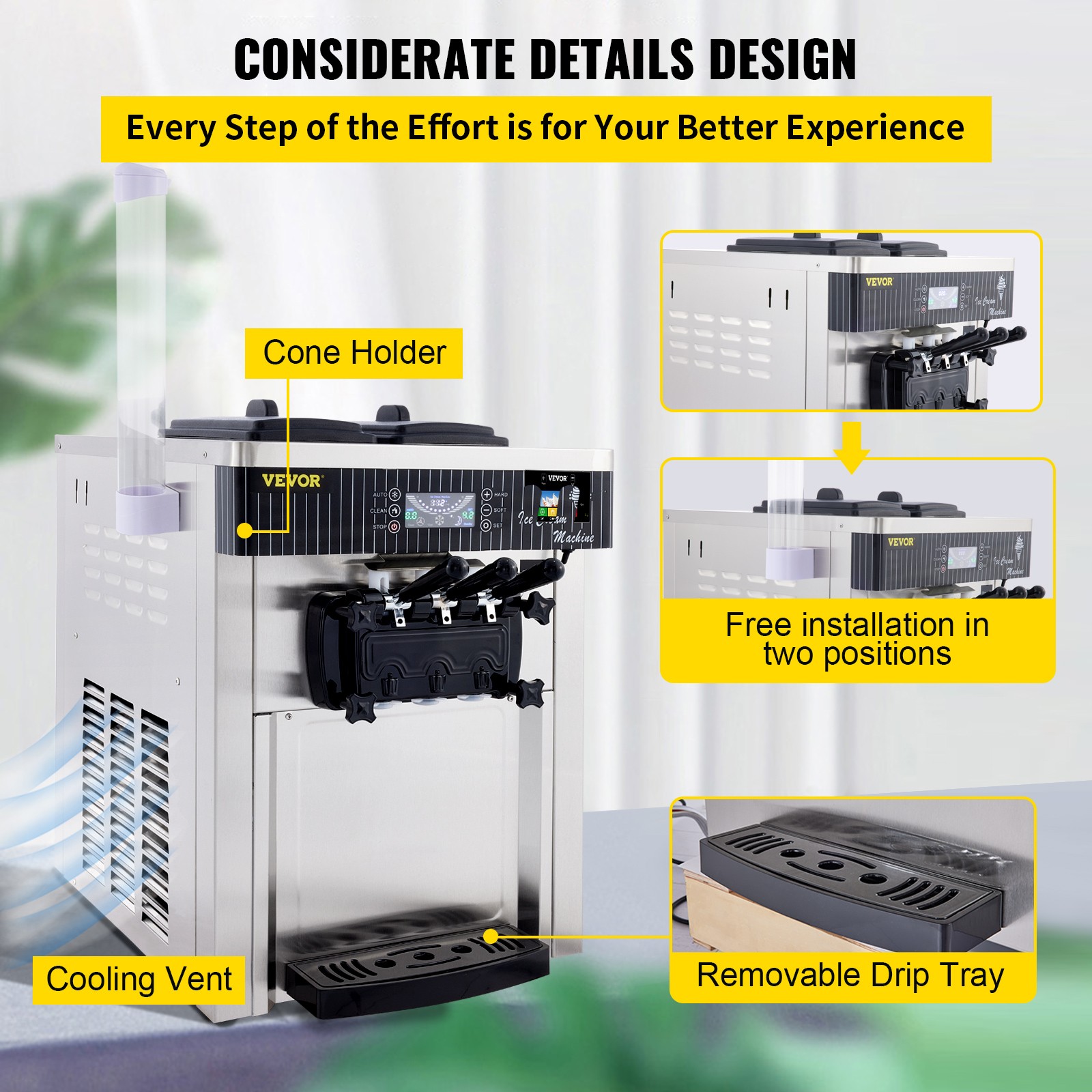 VEVOR Countertop Soft Ice Cream Machine Commercial 3 Flavors Ice Cream Maker