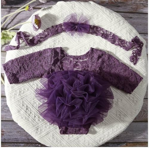 Newborn Photography Outfits Girl Baby Photography Props Lace Romper with Purple