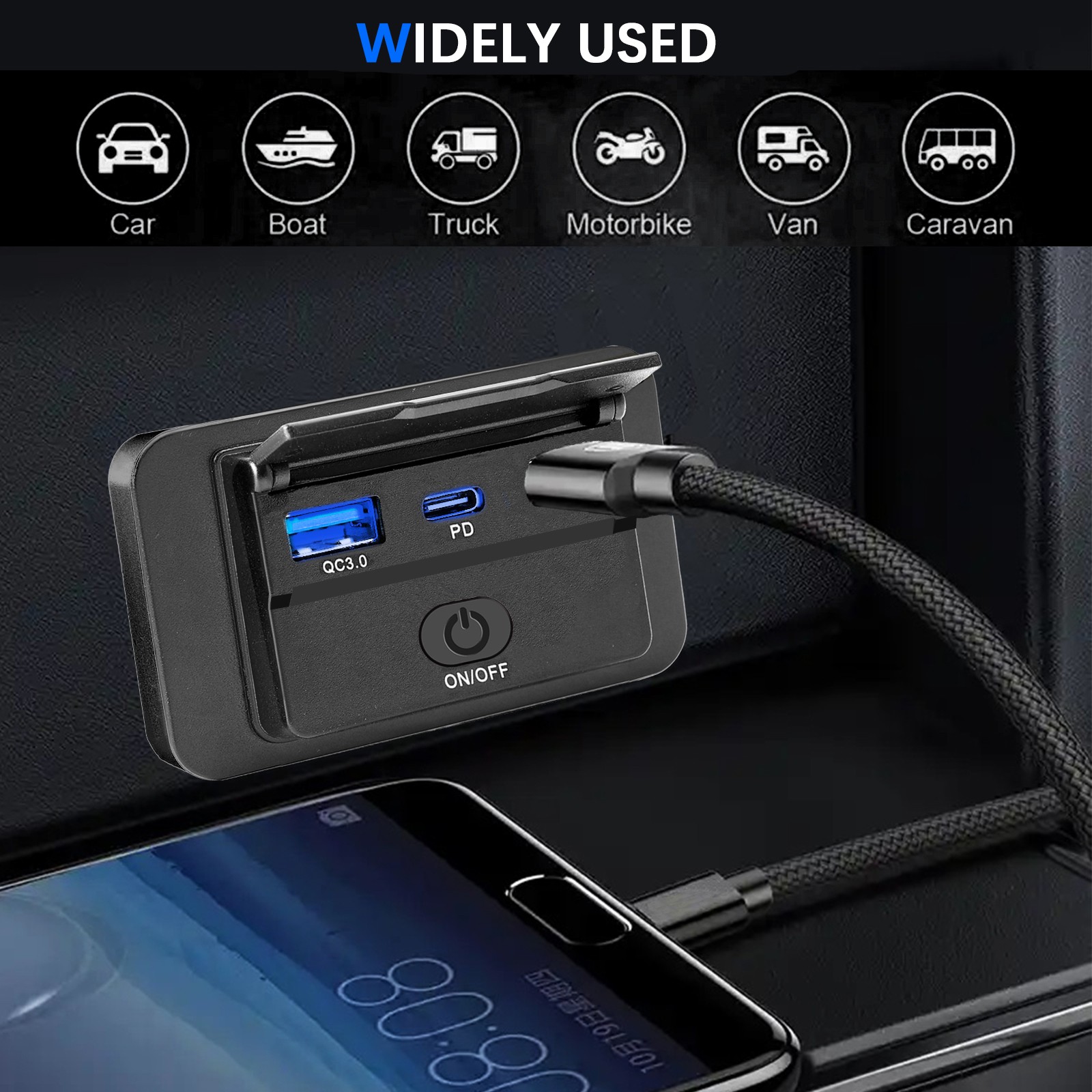 12V Dual USB QC3.0 & PD Port Car Fast Charger Socket Power Outlet On-Off Switch