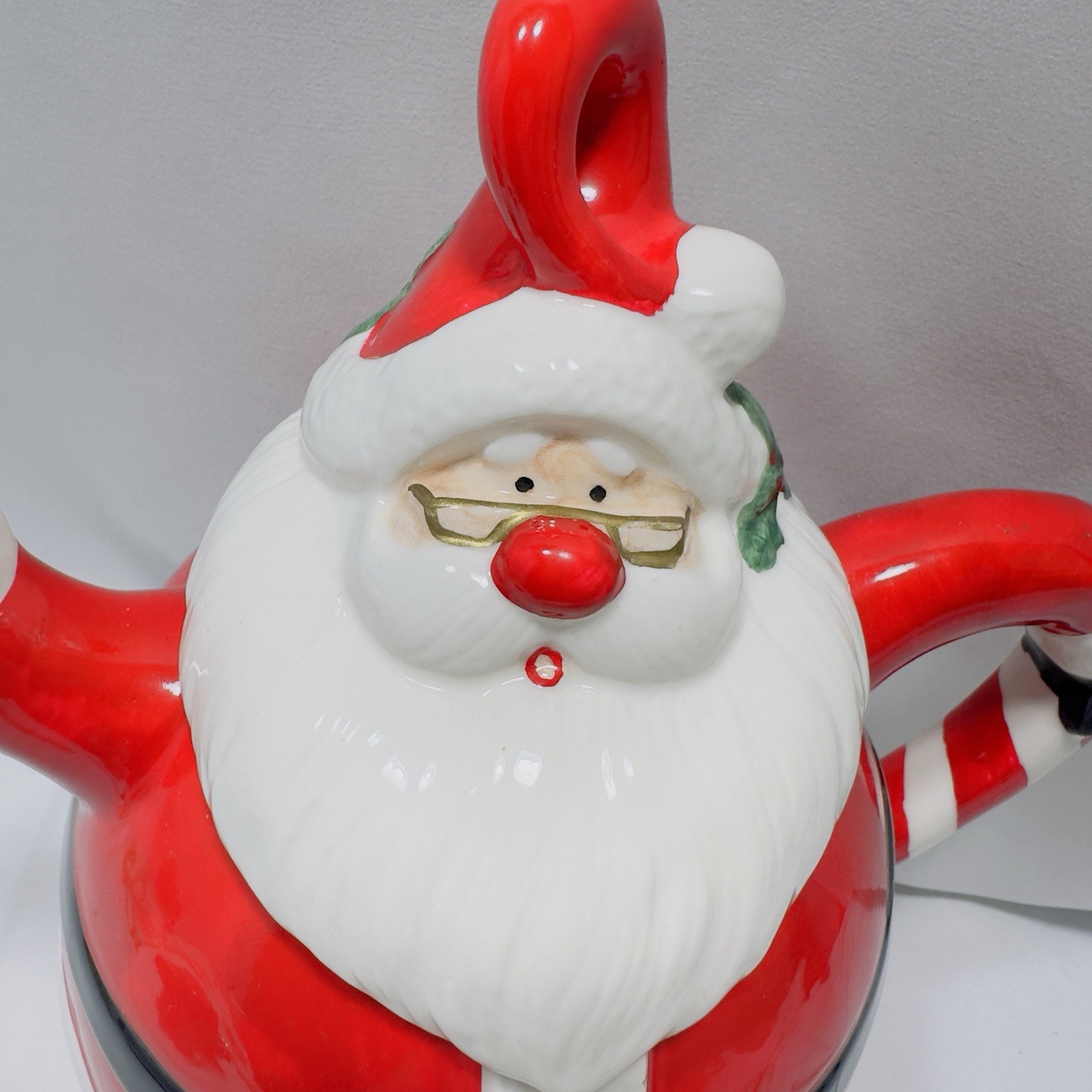 Omnibus OCI Painted Mr. Santa Claus Ceramic Teapot Christmas Tea Pot Candy Cane