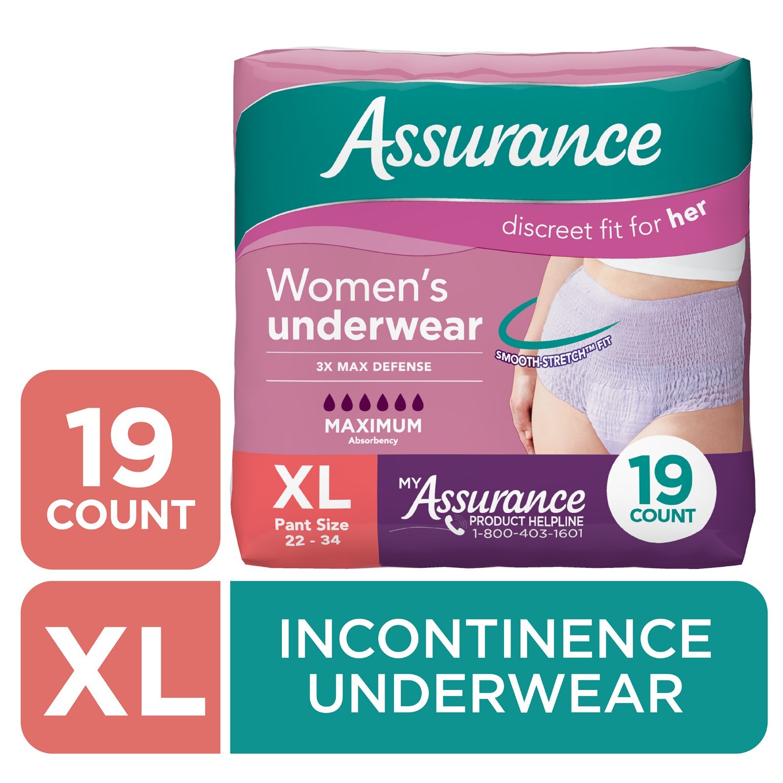 Assurance Women's Incontinence & Postpartum Underwear,XL , Maximum Absorbency