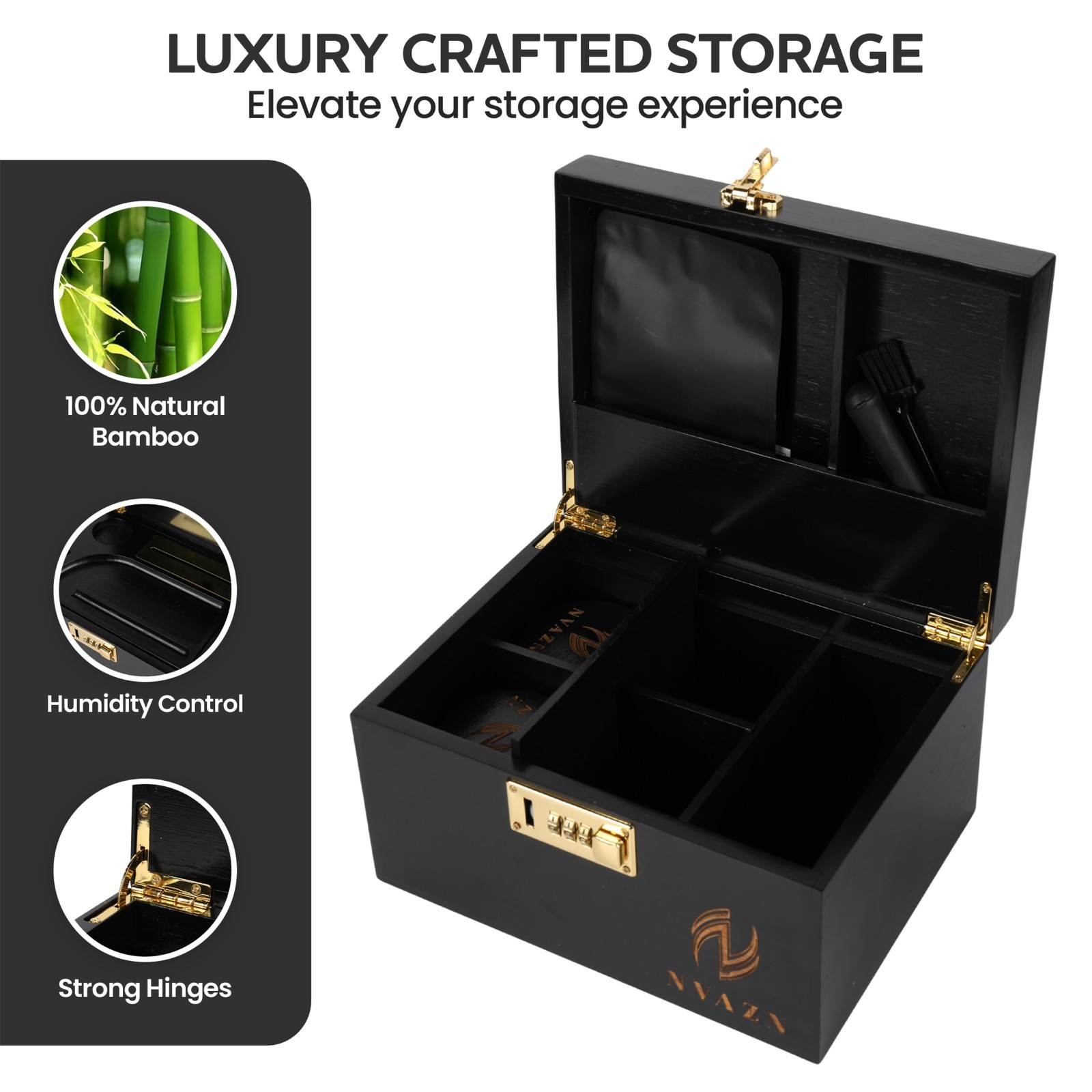 Stash Box Large - Smell Proof Bamboo Box with Rolling Tray - Storage Wood Box