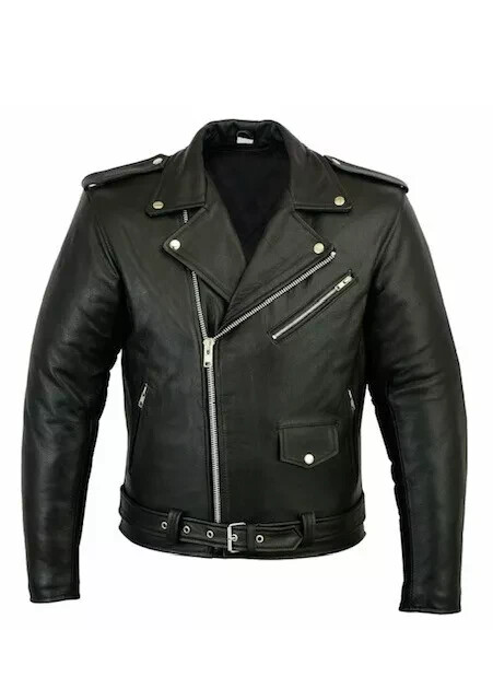 Men's Motorcycle Leather jacket Genuine Buffalo Skin Brando Style Black Biker
