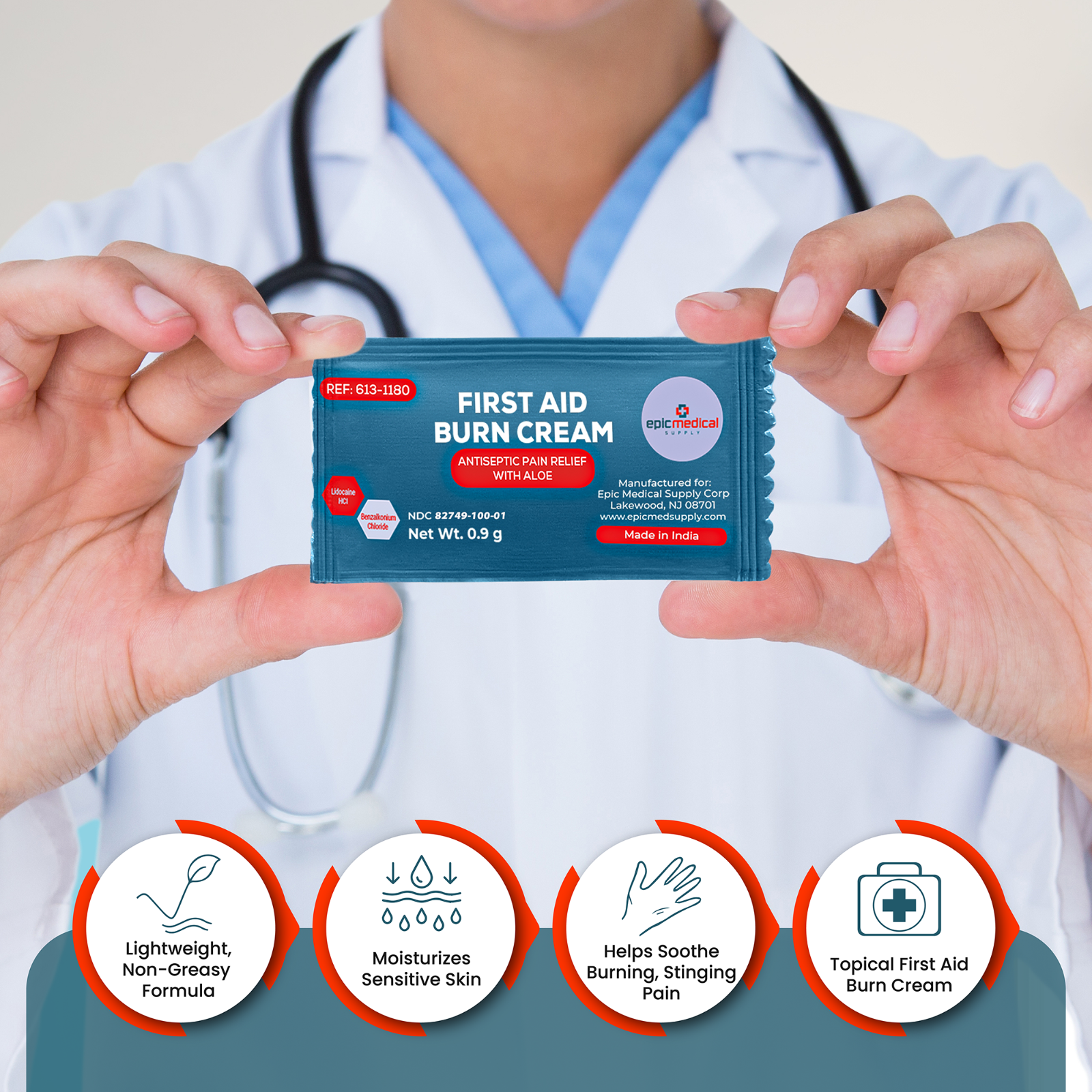 Epic Medical Supply First Aid Burn Relief Cream .9g Packets Box of 144