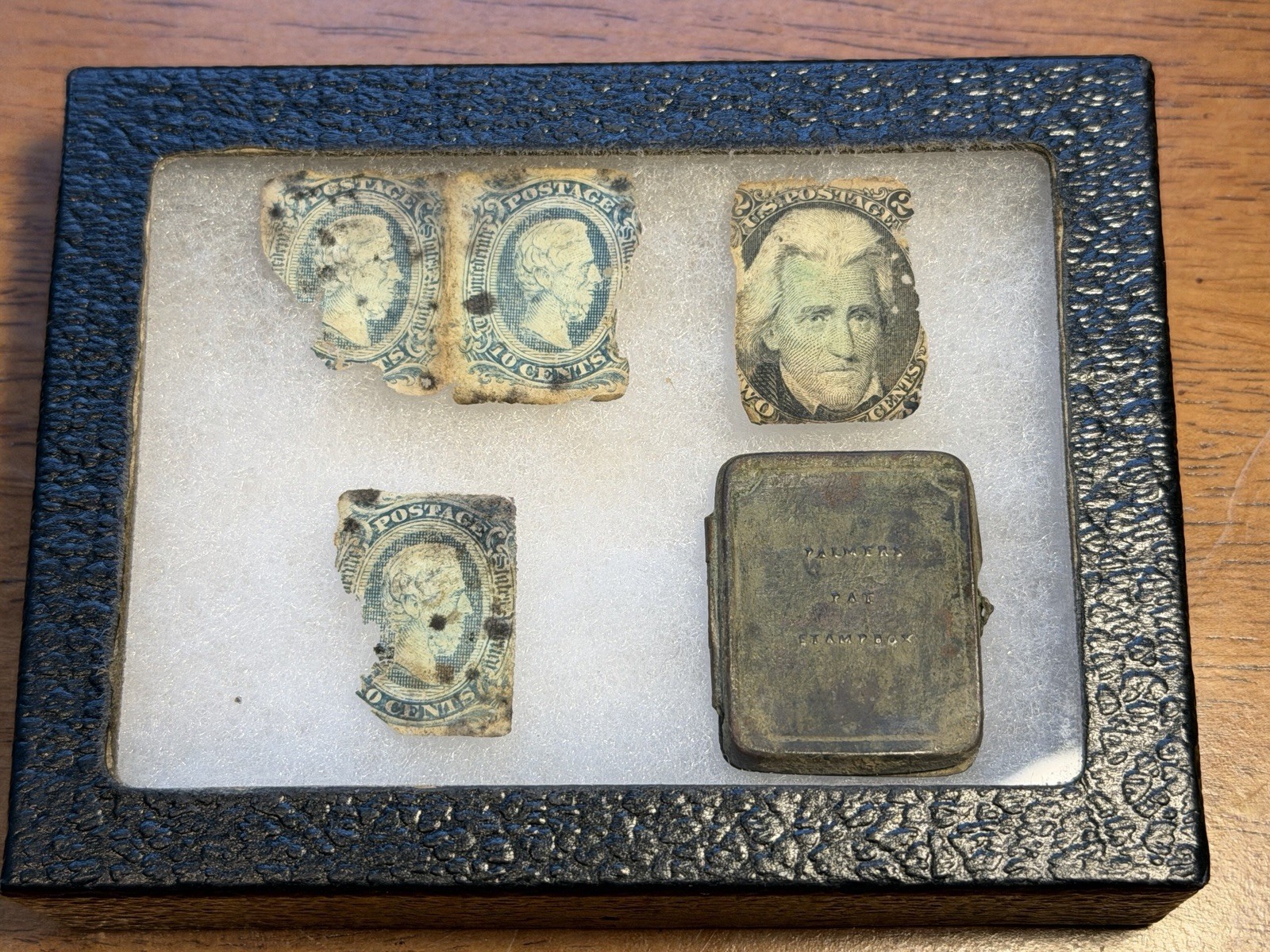 Rare Confederate Stamp Box w/ Stamps 1863 10c blue Scott & Green 2c - Richmond