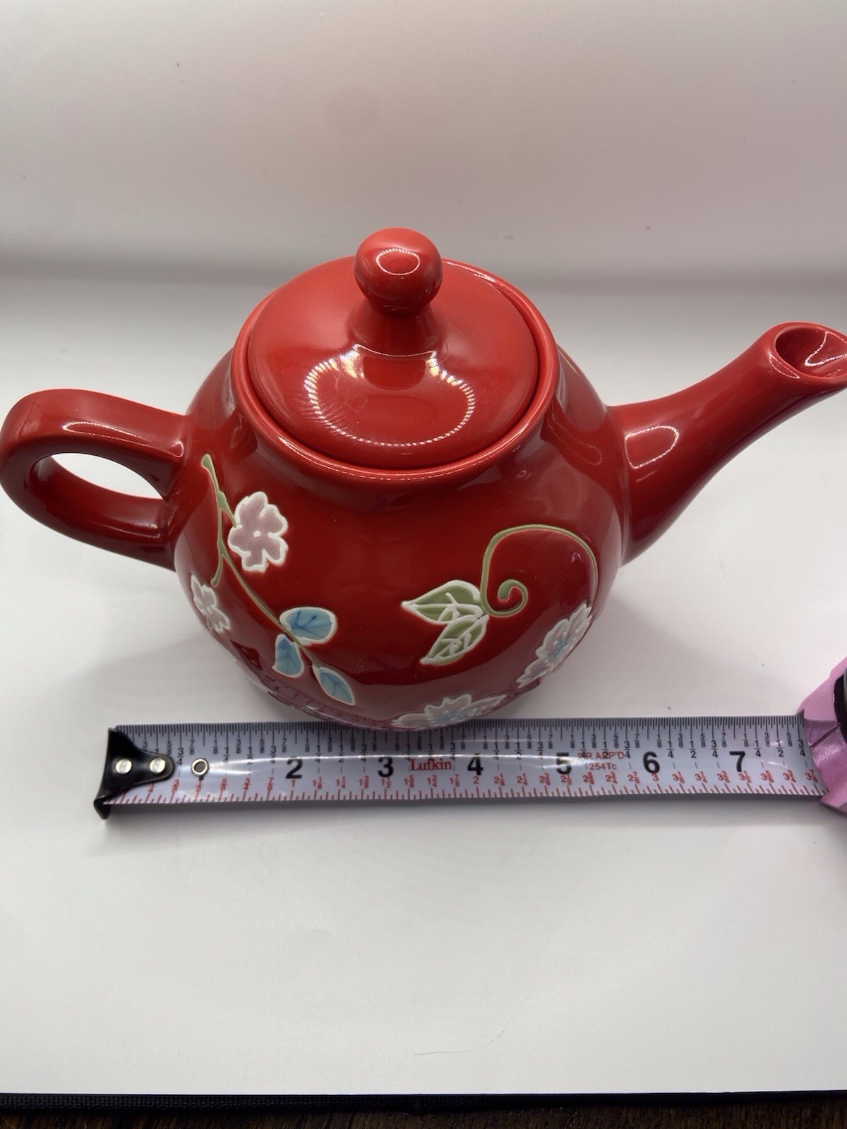 FSG Red Stoneware Floral Teapot With Strainer Pink Blue Green Flowers