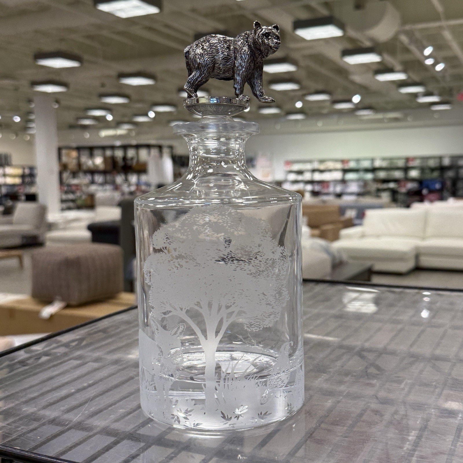 POTTERY BARN Fantastical Forest Glass Decanter 4.5" X 10" ~ BEAR, FOX, QUAIL