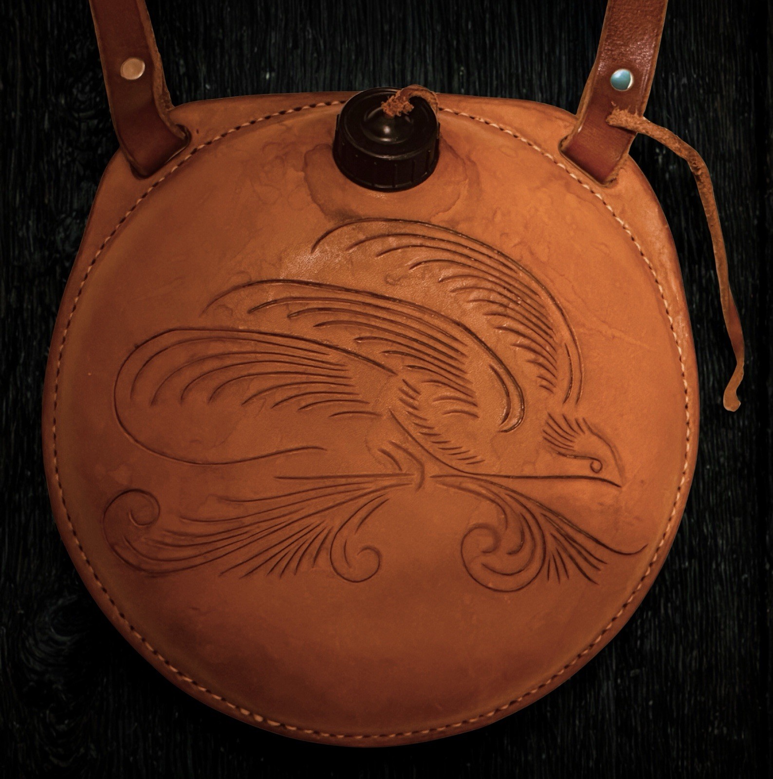 Vintage Hand-Tooled Leather Canteen - Artisan Phoenix Bird Design - 8.5" Round