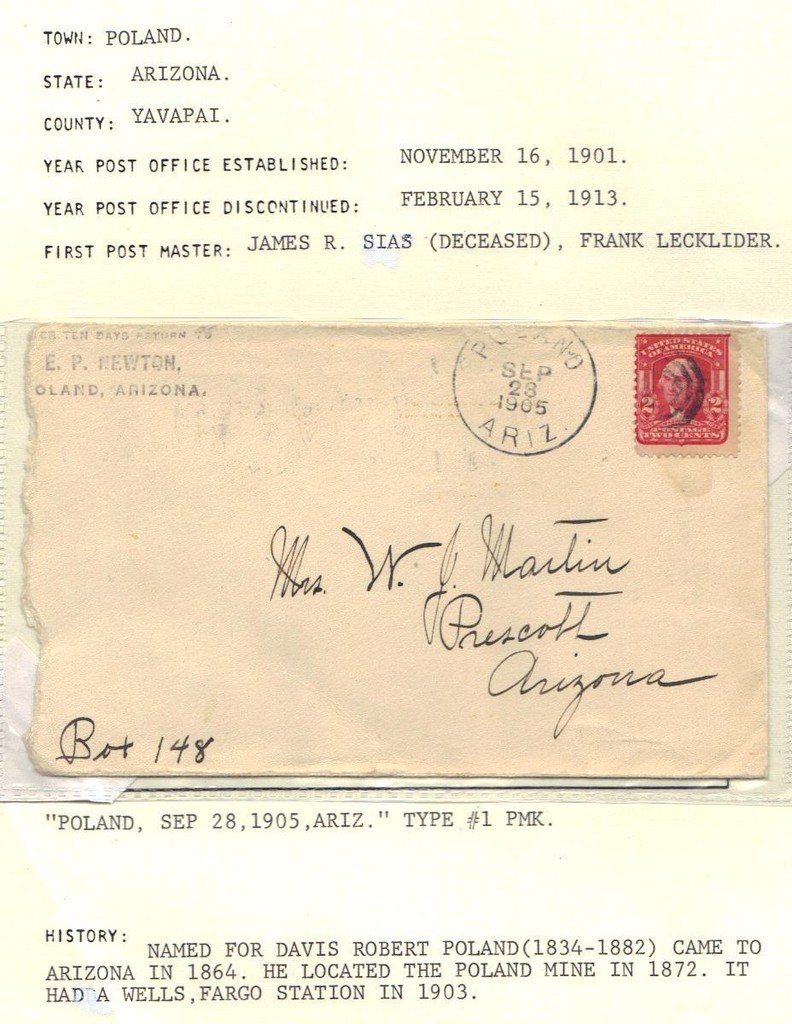 US 1887-1920's ARIZONA COLL OF 7 DIFF TOWN CVRS & PC INC TERRITORIAL & DISC PD's