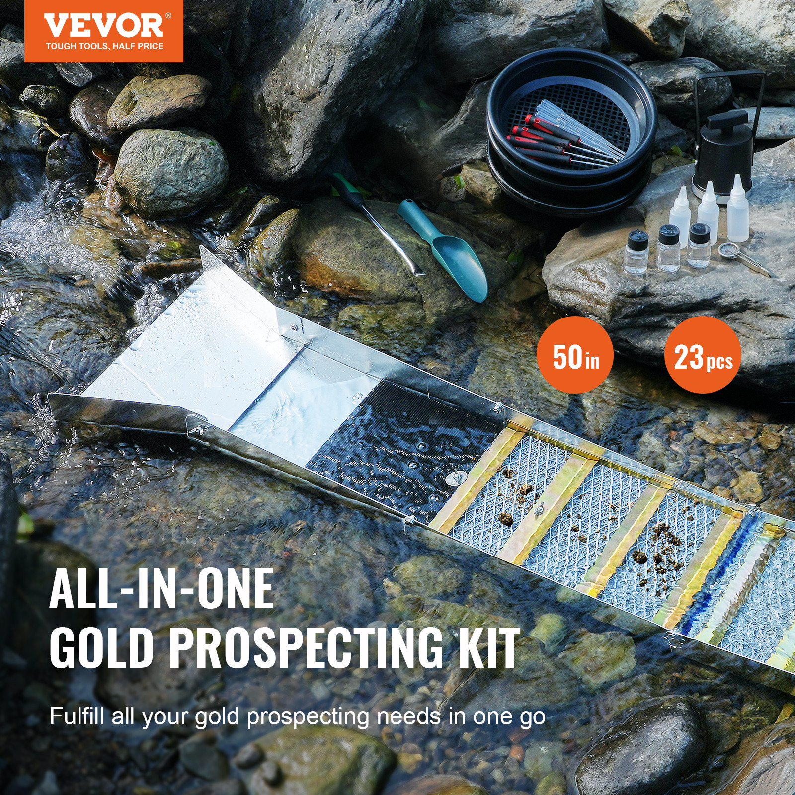 VEVOR Gold Panning Kit With Sluice Box 50" Aluminum Gold Mining Equipment 23 PCS
