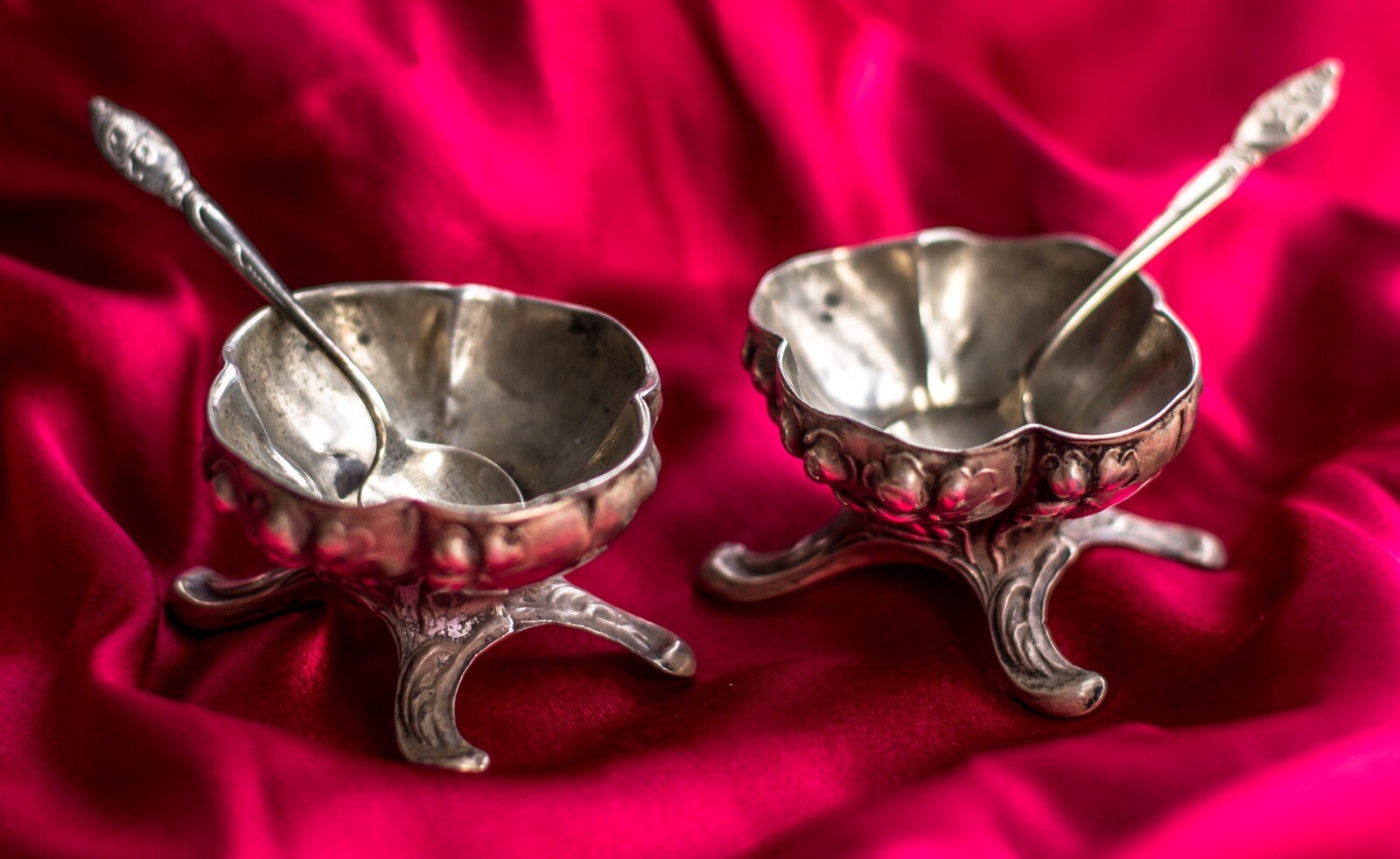 Rare Pair Art Nouveau Salt Cellers With Westmoreland Spoons-All Silver