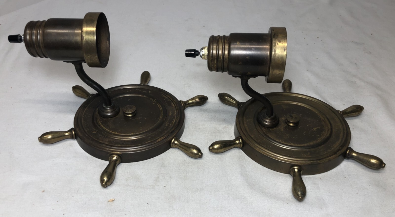 Vtg Nautical Wall Sconce Pair Ship Wheel Brass Light Fixture Art Wired USA #i30
